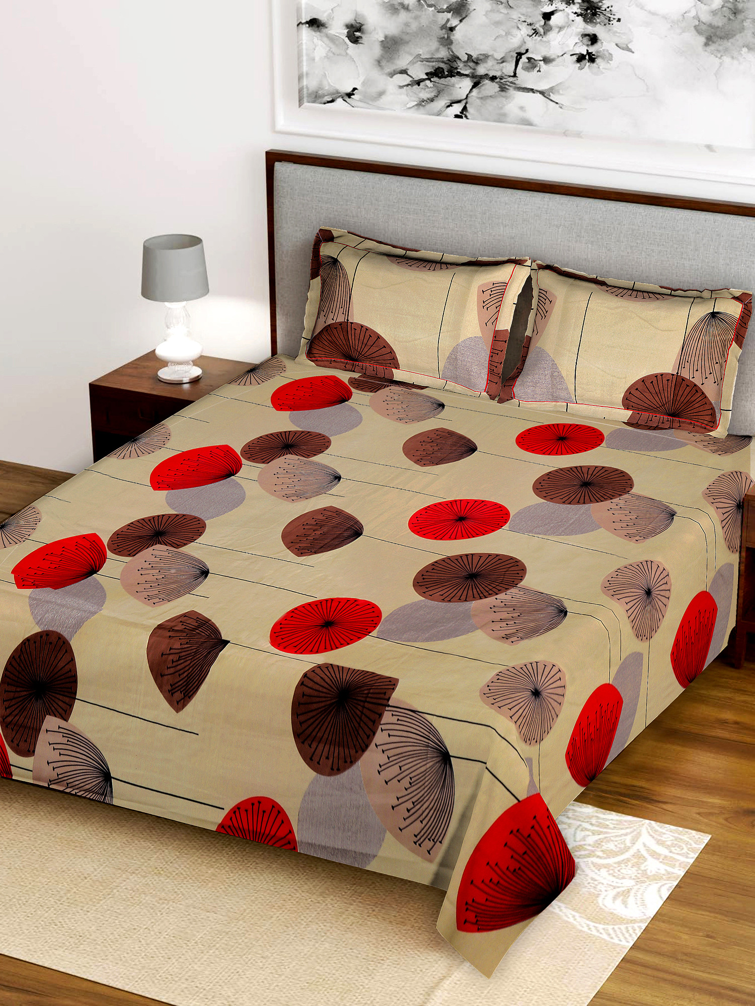 Kuber Industries Floral Printed Luxurious Soft Breathable & Comfortable Glace Cotton Double Bedsheet With 2 Pillow Covers (Brown)-HS43KUBMART26807