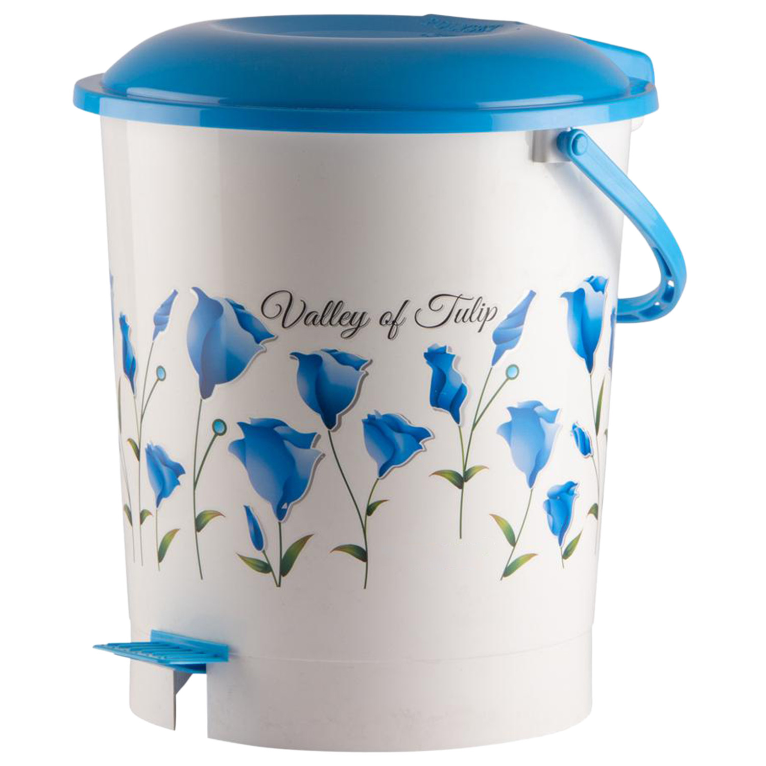 Kuber Industries Floral Printed Multiuses Plastic Pedal Dustbin, Waste Bin, Trash Can With Handle, 10 Litre (Blue)-47KM0759