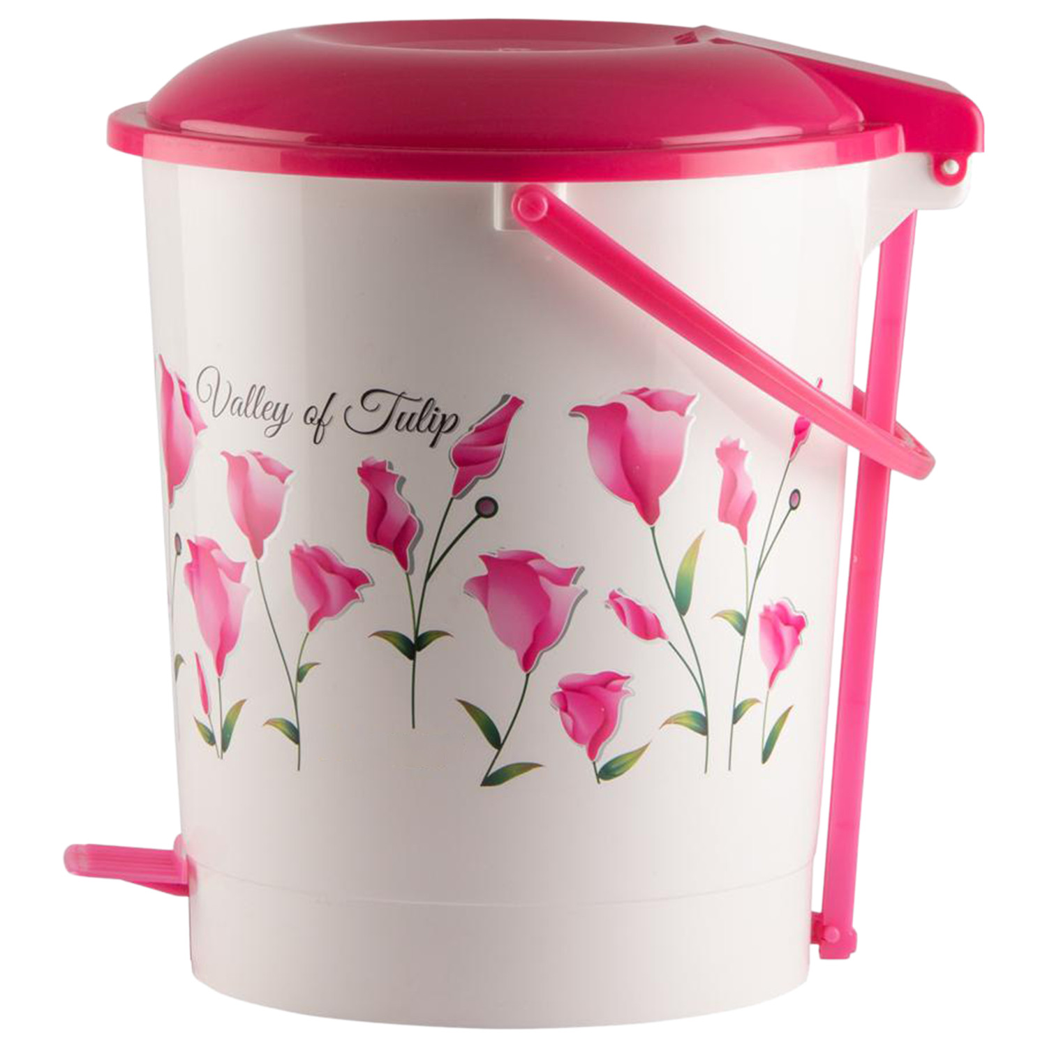 Kuber Industries Floral Printed Multiuses Plastic Pedal Dustbin, Waste Bin, Trash Can With Handle, 10 Litre (Pink)-47KM0763