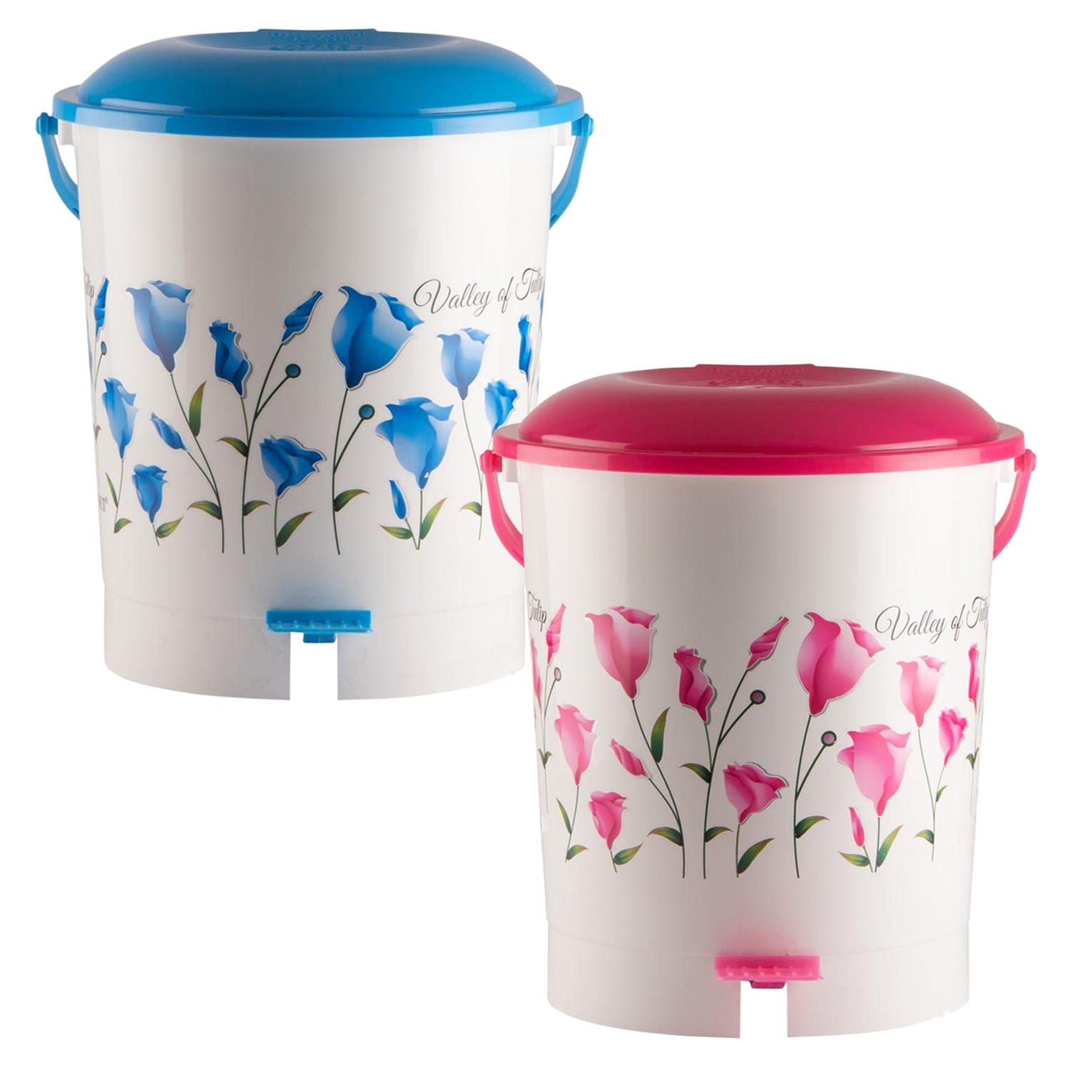 Kuber Industries Floral Printed Multiuses Plastic Pedal Dustbin, Waste Bin, Trash Can With Handle, 10 Litre- Pack of 2 (Pink & Blue)-47KM0767