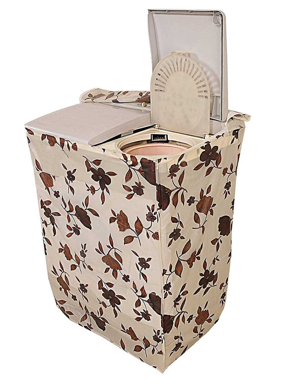 Kuber Industries Floral PVC Top Load Semi Automatic Washing Machine Fittedsheet Cover - Cream, Cotton (Top Load Semi Automatic Washing Machine Cover)
