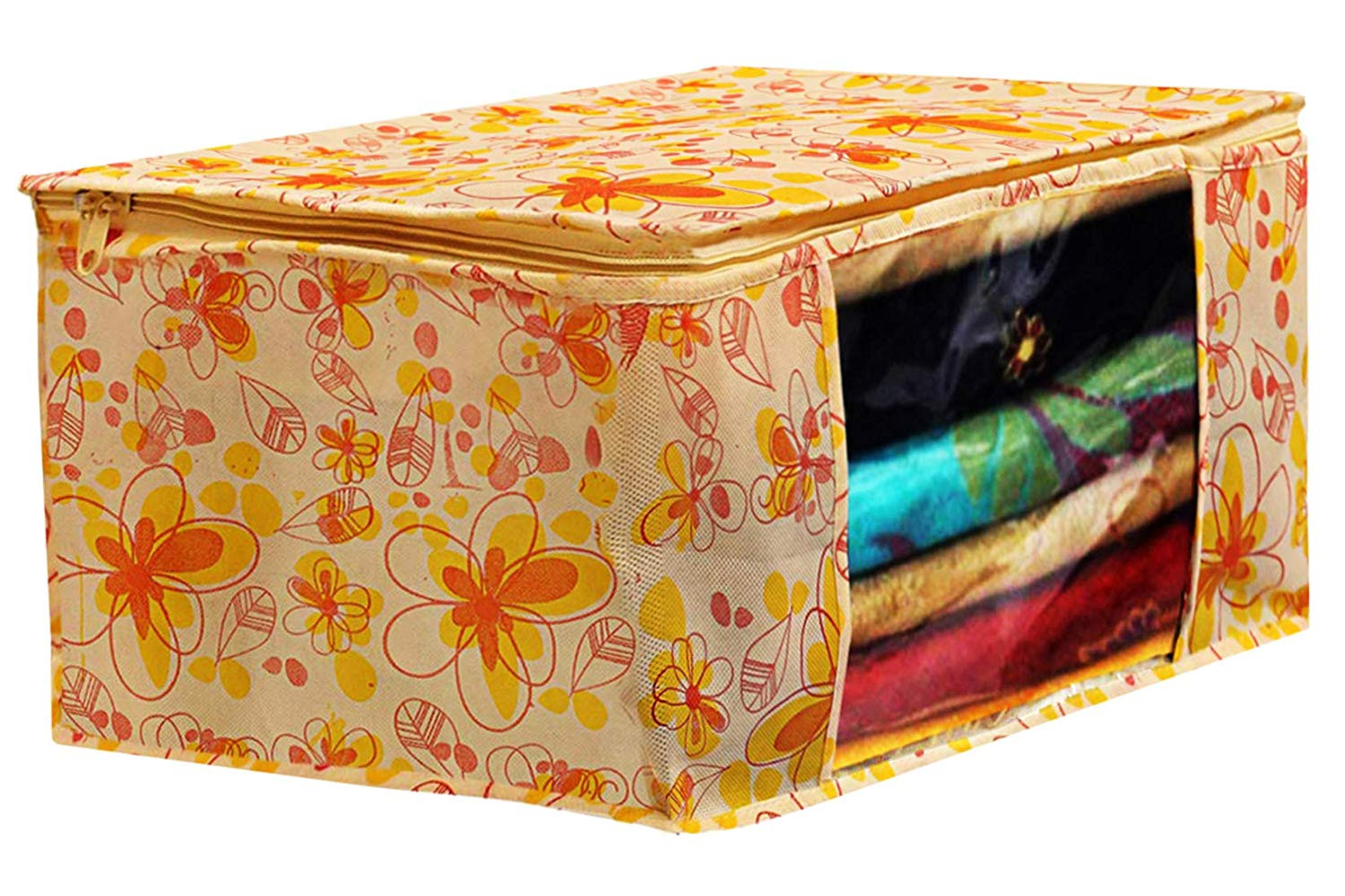 Kuber Industries Flower & Leaf Printed 5 Piece Non Woven Saree Cover And 5 Pieces Underbed Storage Bag, Storage Organiser, Blanket Cover, Pink & Blue & Ivory Red & Golden Brown & Red  -CTKTC42453
