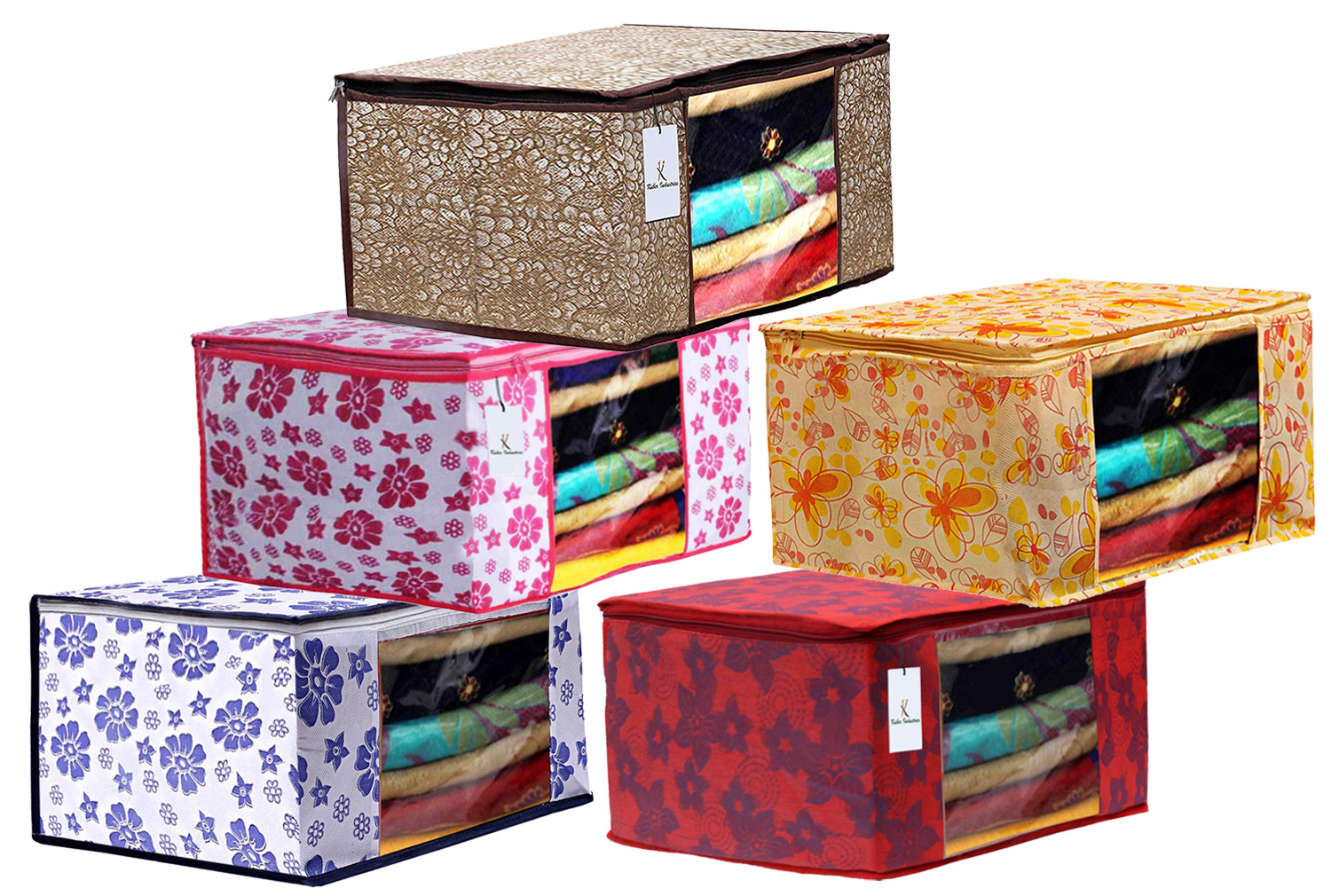 Kuber Industries Flower & Leaf Printed Non Woven Fabric Saree Cover Set with Transparent Window, Extra Large, Pink & Blue & Ivory Red & Golden Brown & Red -CTKTC40849