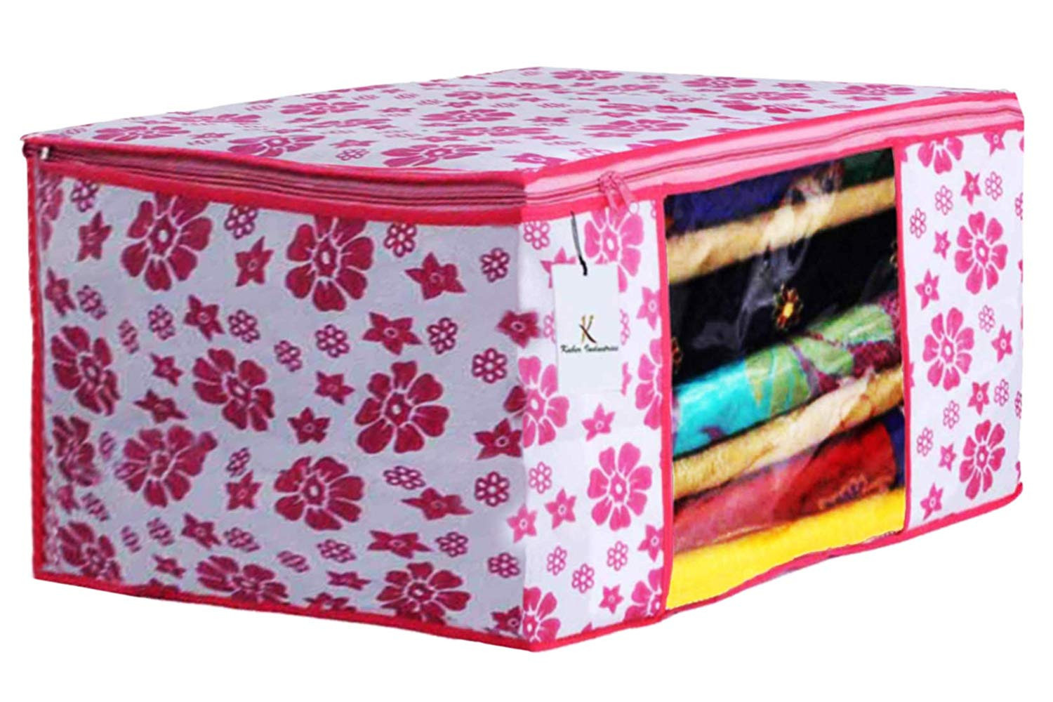 Kuber Industries Flower & Leaf Printed Non Woven Fabric Saree Cover Set with Transparent Window, Extra Large, Pink & Blue & Ivory Red & Golden Brown & Red -CTKTC40849