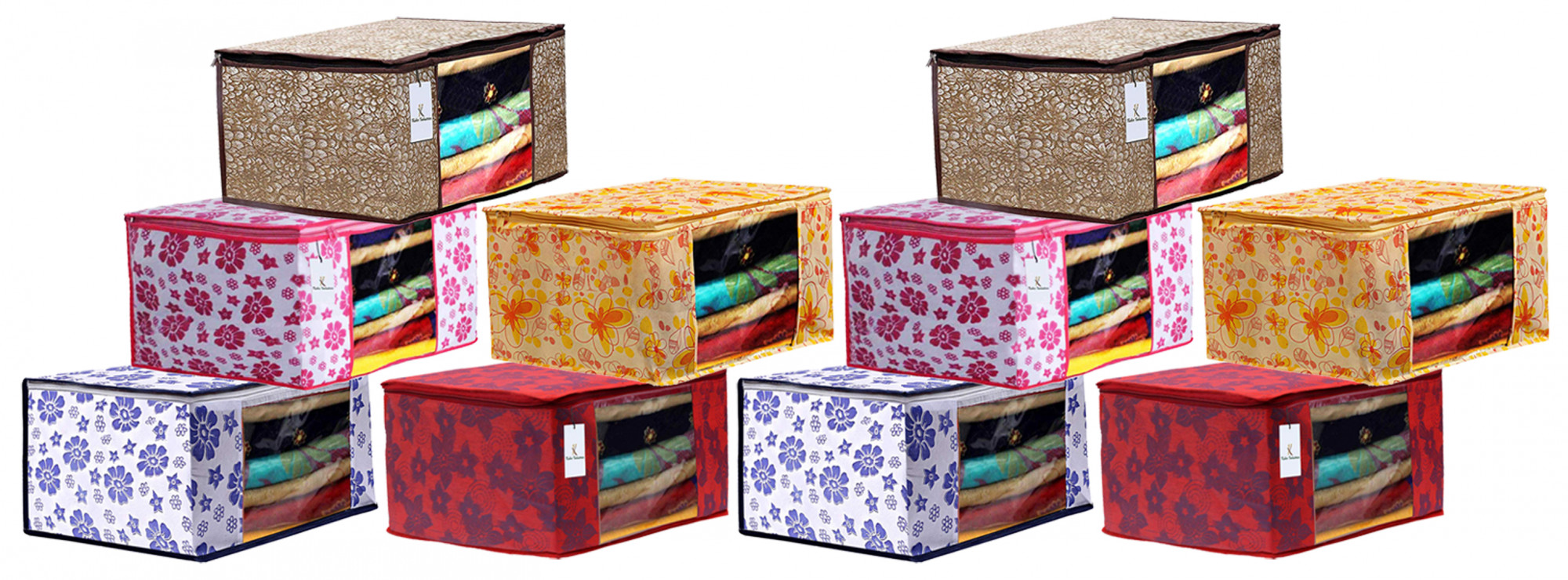 Kuber Industries Flower & Leaf Printed Non Woven Fabric Saree Cover Set with Transparent Window, Extra Large, Pink & Blue & Ivory Red & Golden Brown & Red -CTKTC40849
