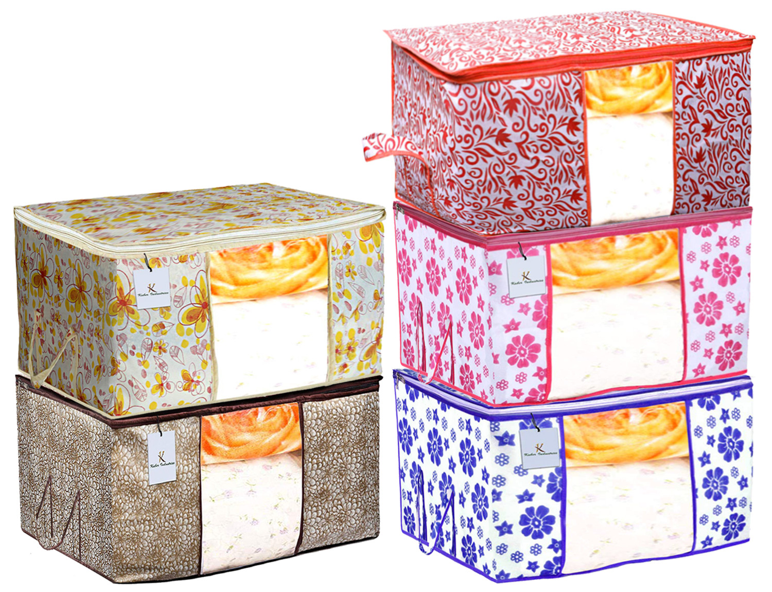 Kuber Industries Flower & Leaf Printed Non Woven Fabric Underbed Storage Bag,Cloth Organiser,Blanket Cover with Transparent Window, Pink & Blue & Ivory Red & Golden Brown & Red -CTKTC41127
