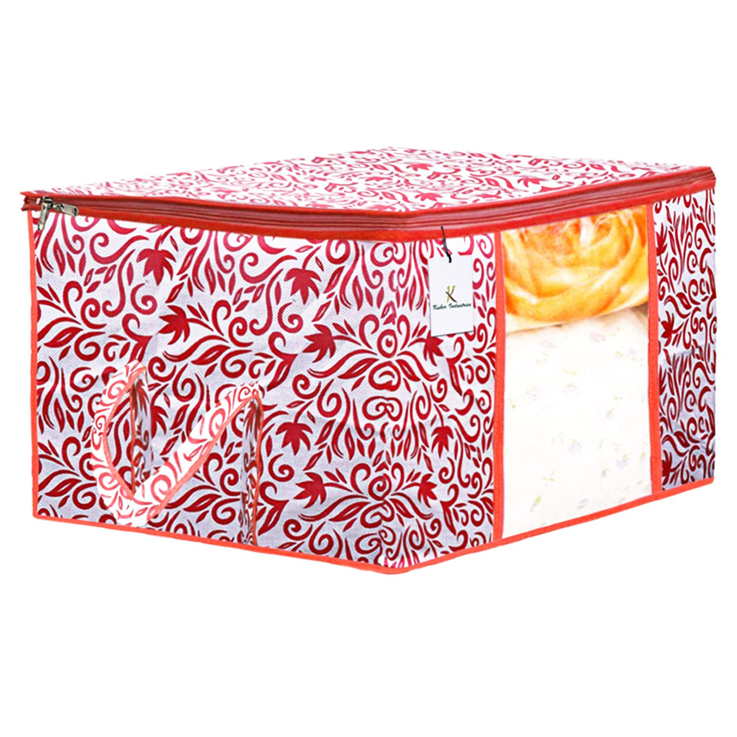 Kuber Industries Flower & Leaf Printed Non Woven Fabric Underbed Storage Bag,Cloth Organiser,Blanket Cover with Transparent Window, Pink & Blue & Ivory Red & Golden Brown & Red -CTKTC41127