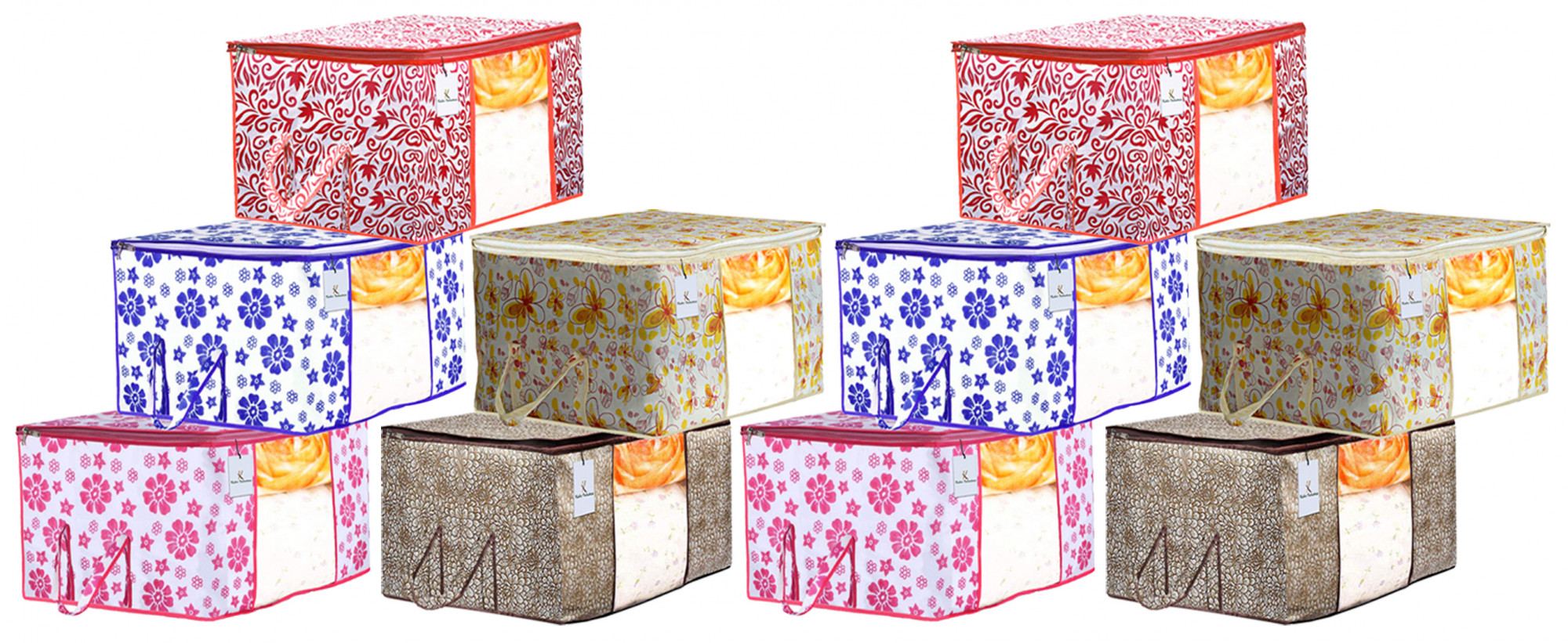 Kuber Industries Flower & Leaf Printed Non Woven Fabric Underbed Storage Bag,Cloth Organiser,Blanket Cover with Transparent Window, Pink & Blue & Ivory Red & Golden Brown & Red -CTKTC41127