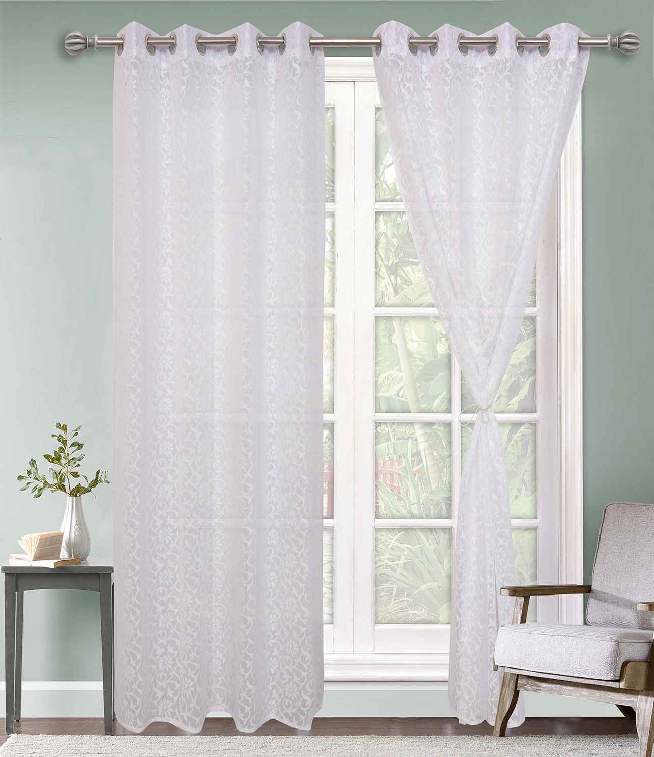 Kuber Industries Flower Design 7 Feet Door Curtain For Living Room, Bed Room, Kids Room With 8 Eyelet (White) 54KM3939