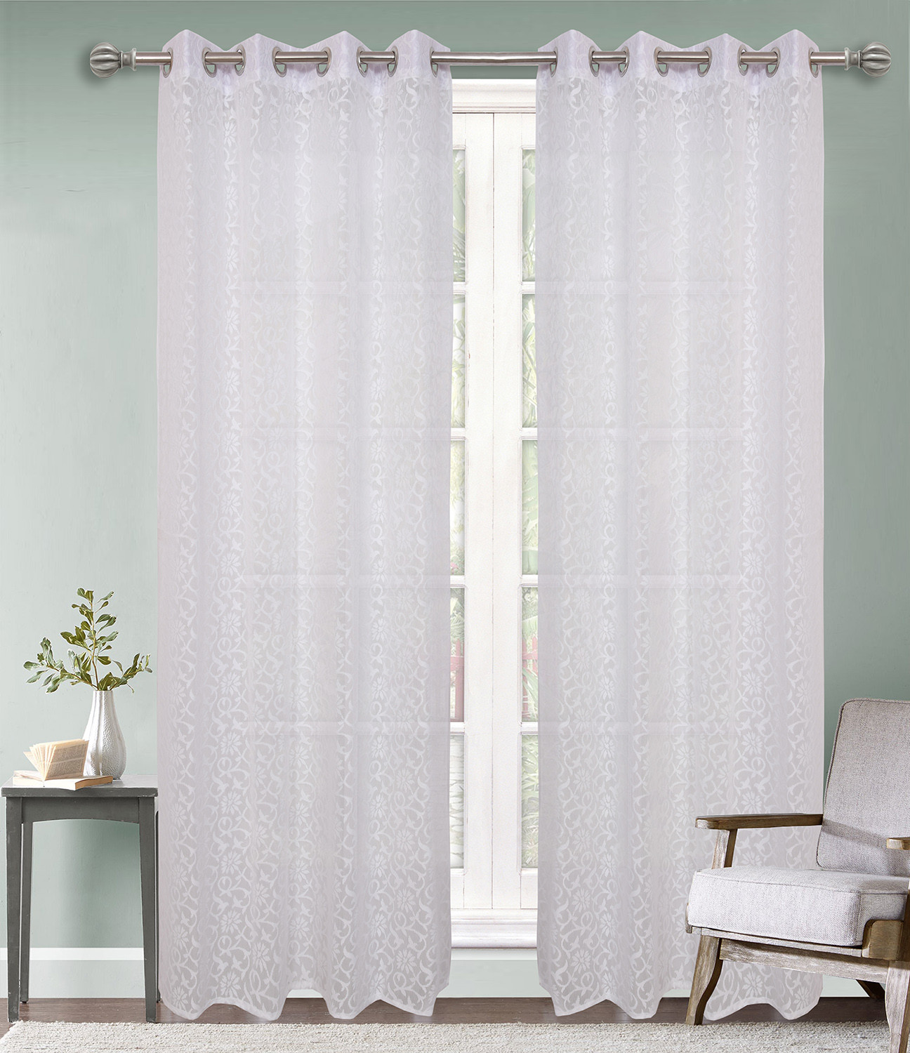 Kuber Industries Flower Design 7 Feet Door Curtain For Living Room, Bed Room, Kids Room With 8 Eyelet (White) 54KM3939