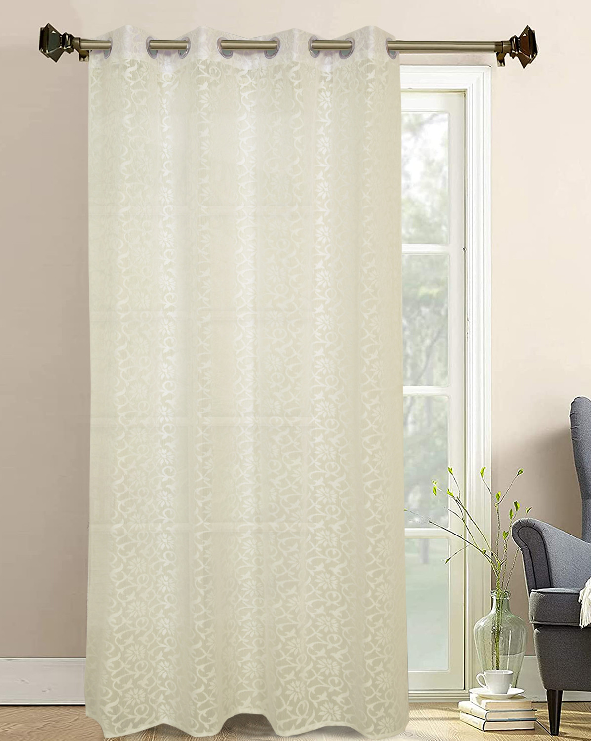 Kuber Industries Flower Design 7 Feet Door Curtain For Living Room, Bed Room, Kids Room With 8 Eyelet (Cream) 54KM3941