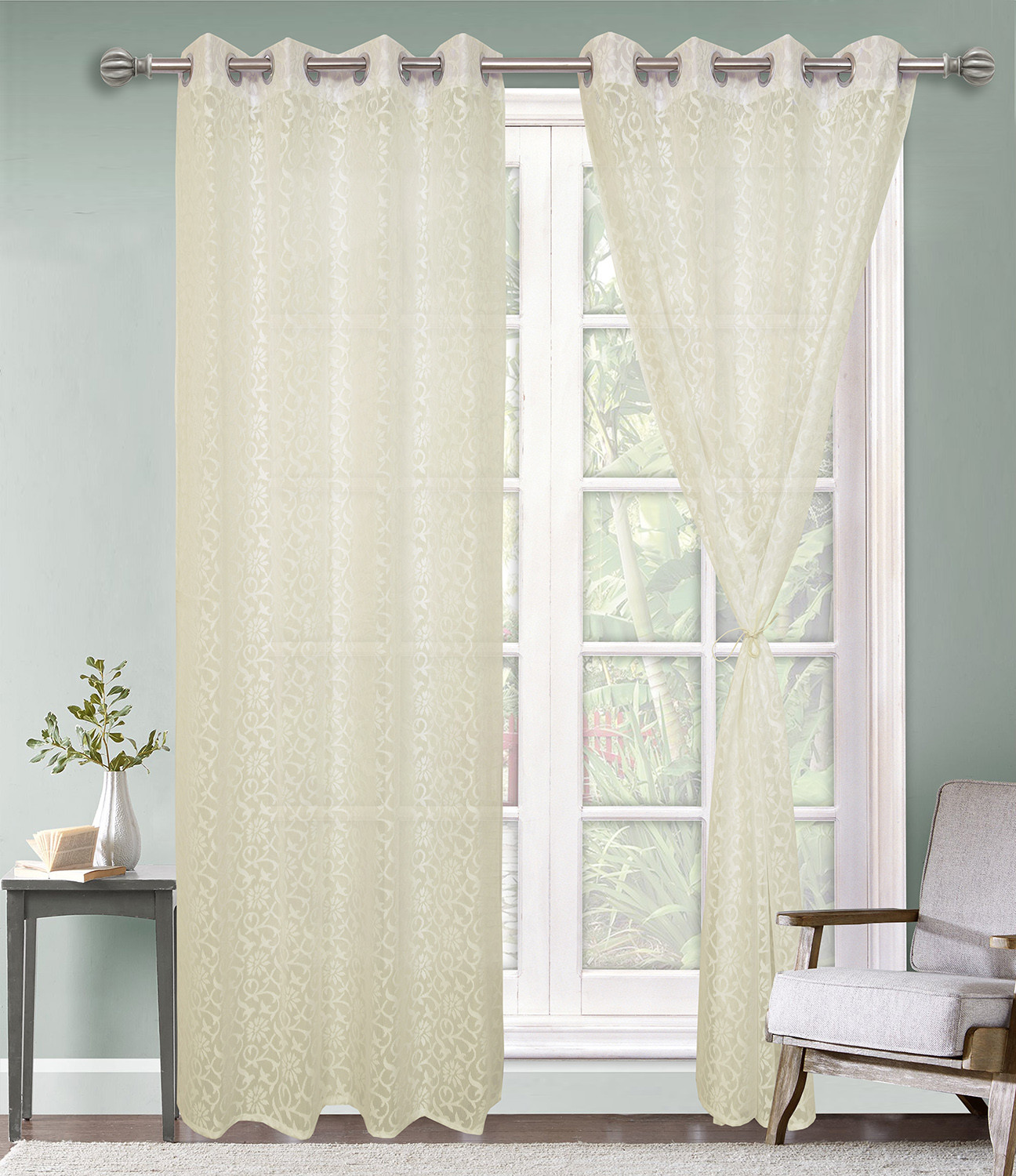 Kuber Industries Flower Design 7 Feet Door Curtain For Living Room, Bed Room, Kids Room With 8 Eyelet (Cream) 54KM3941