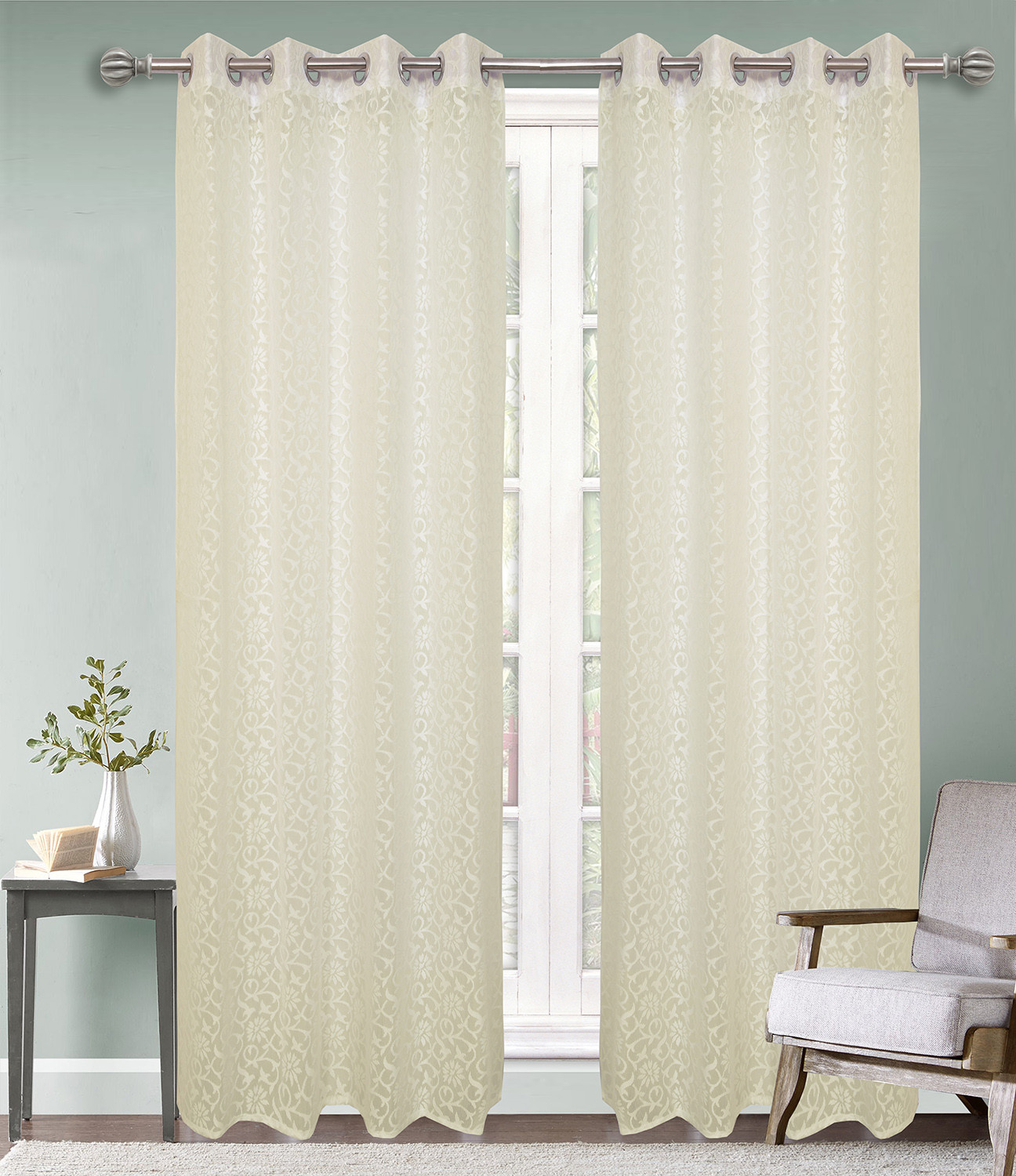 Kuber Industries Flower Design 7 Feet Door Curtain For Living Room, Bed Room, Kids Room With 8 Eyelet (Cream) 54KM3941