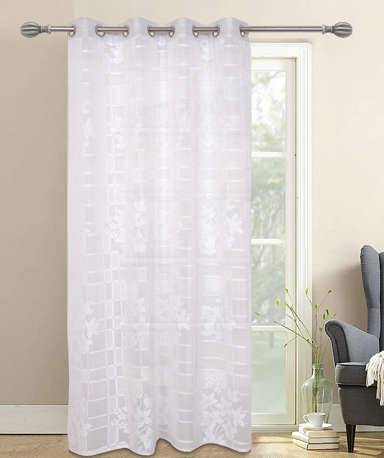 Kuber Industries Flower Design 7 Feet Door Curtain For Living Room, Bed Room, Kids Room With 8 Eyelet (White)