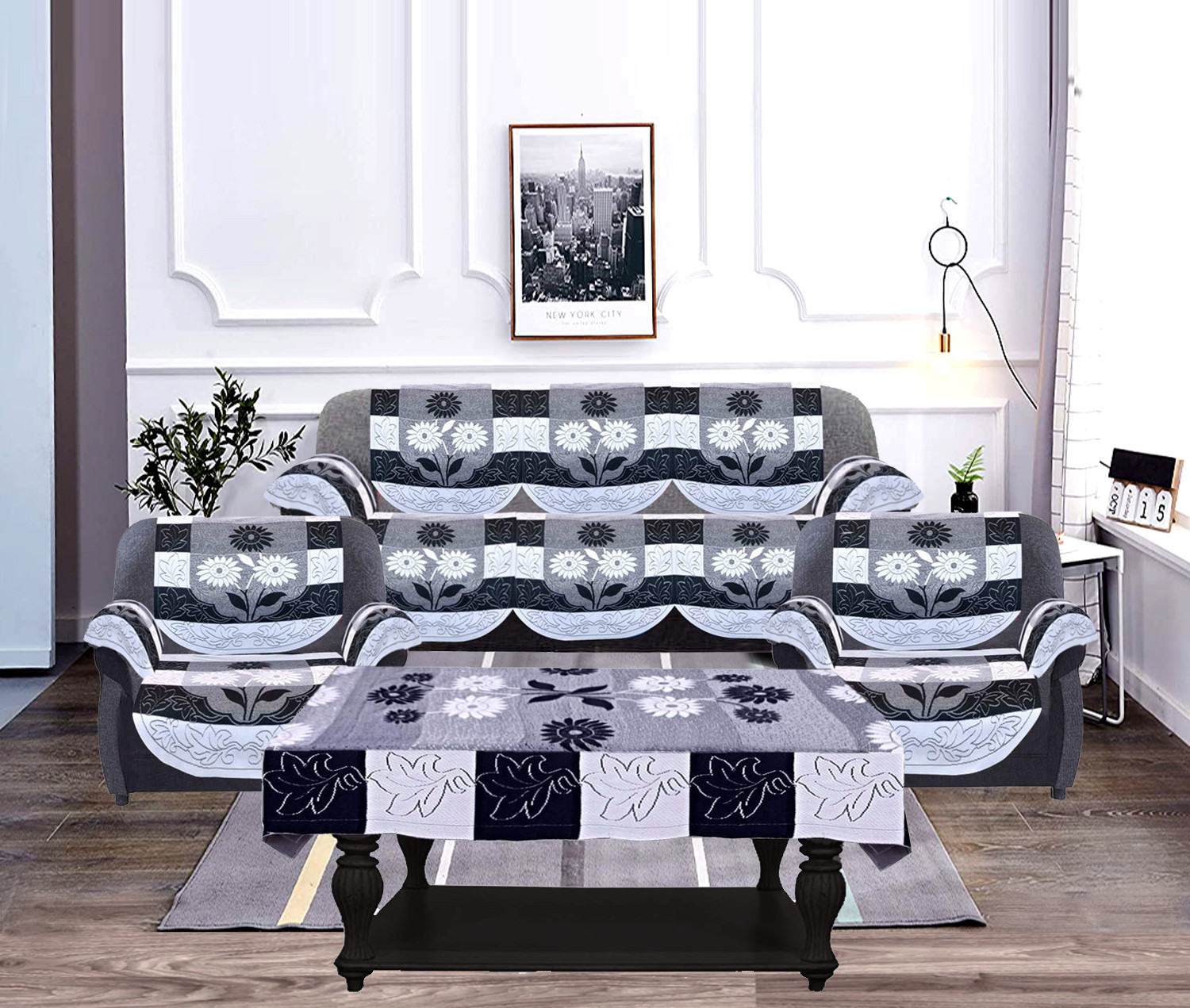 Kuber Industries Flower Design Cotton 5 Seater Sofa Cover With 6 Pieces Arms cover And 1 Center Table Cover Use Both Side, Living Room, Drawing Room, Bedroom, Guest Room (Set Of17, Black)-KUBMRT12015