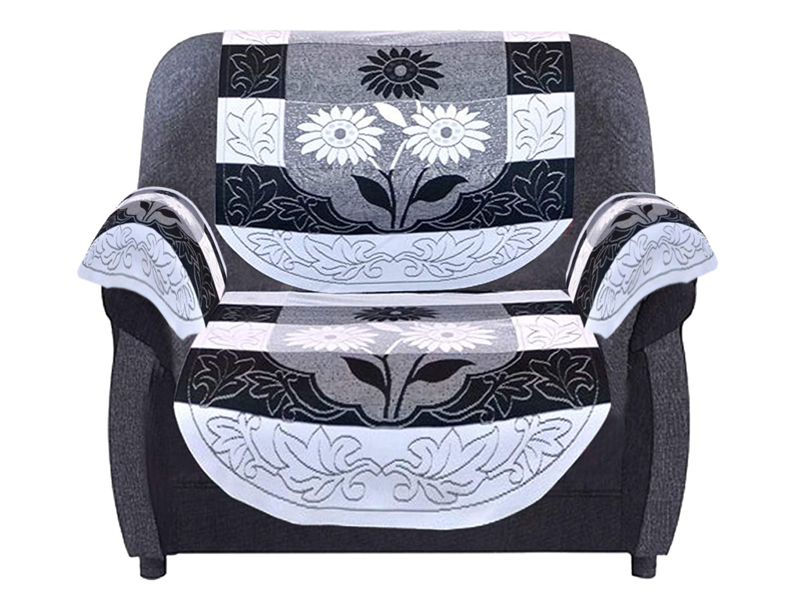 Kuber Industries Flower Design Cotton 5 Seater Sofa Cover With 6 Pieces Arms cover And 1 Center Table Cover Use Both Side, Living Room, Drawing Room, Bedroom, Guest Room (Set Of17, Black)-KUBMRT12015