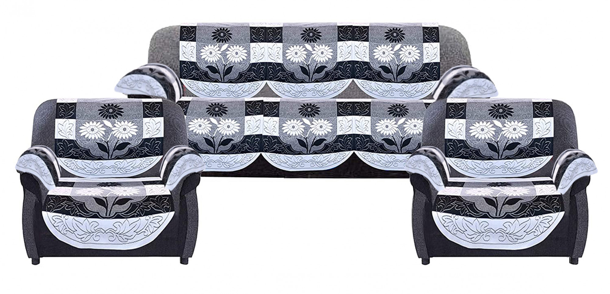 Kuber Industries Flower Design Cotton 5 Seater Sofa Cover With 6 Pieces Arms cover And 1 Center Table Cover Use Both Side, Living Room, Drawing Room, Bedroom, Guest Room (Set Of17, Black)-KUBMRT12015