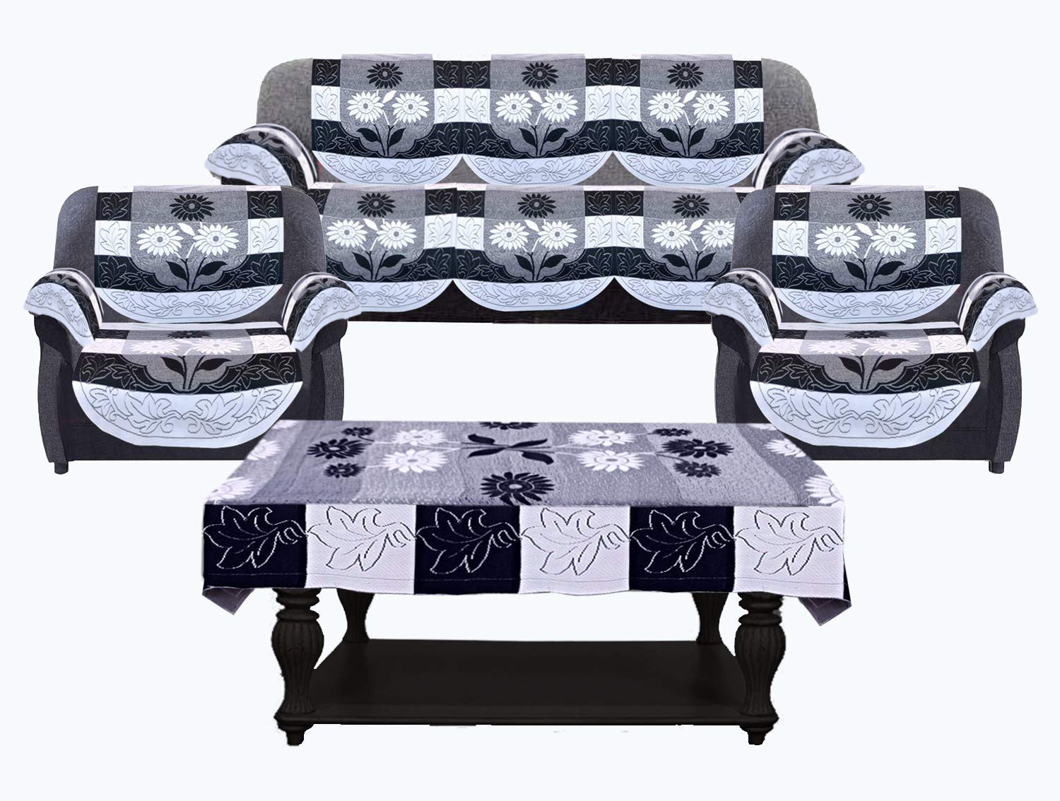 Kuber Industries Flower Design Cotton 5 Seater Sofa Cover With 6 Pieces Arms cover And 1 Center Table Cover Use Both Side, Living Room, Drawing Room, Bedroom, Guest Room (Set Of17, Black)-KUBMRT12015