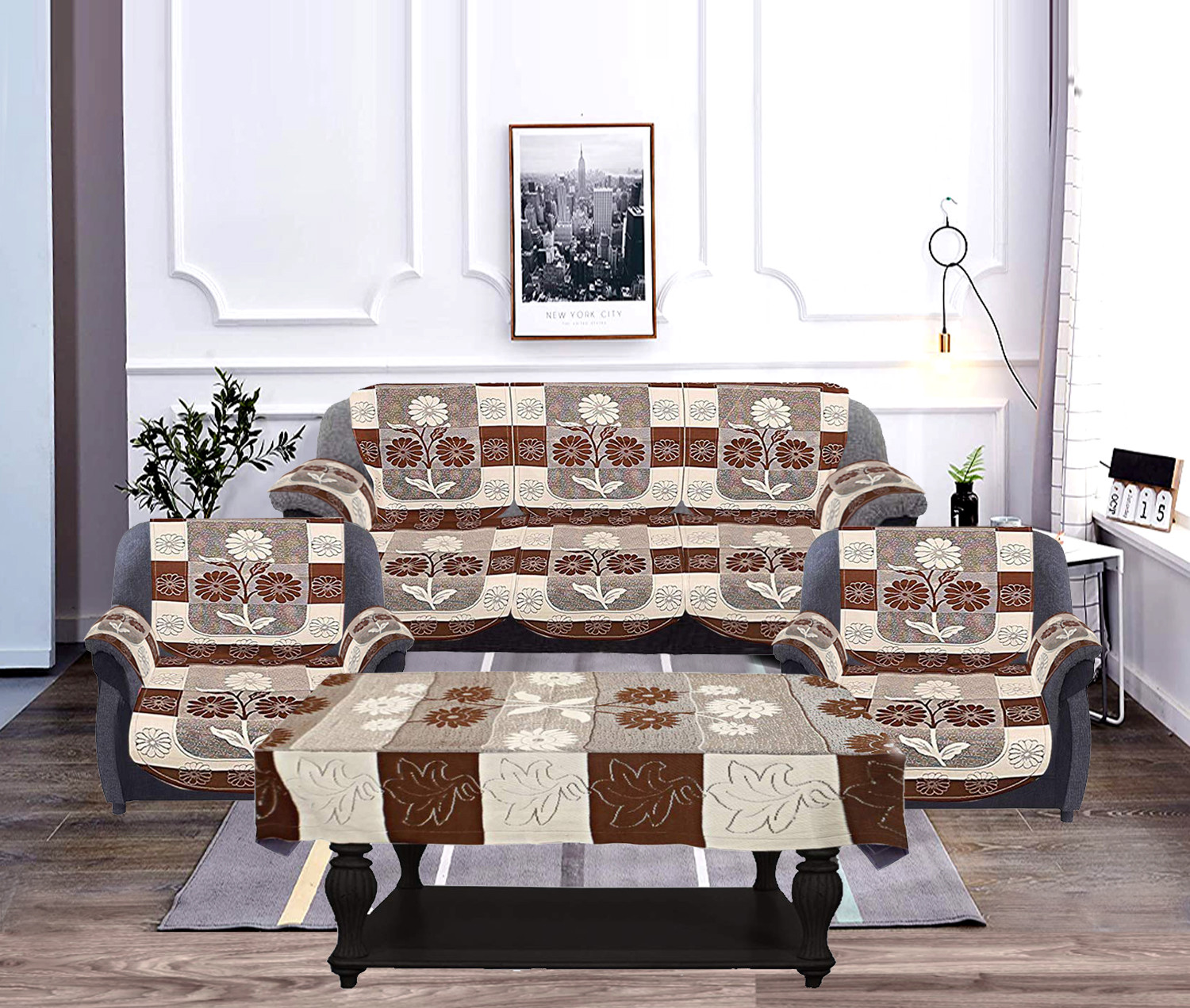 Kuber Industries Flower Design Cotton 5 Seater Sofa Cover With 6 Pieces Arms cover And 1 Center Table Cover Use Both Side, Living Room, Drawing Room, Bedroom, Guest Room (Set Of17, Brown)-KUBMRT12017