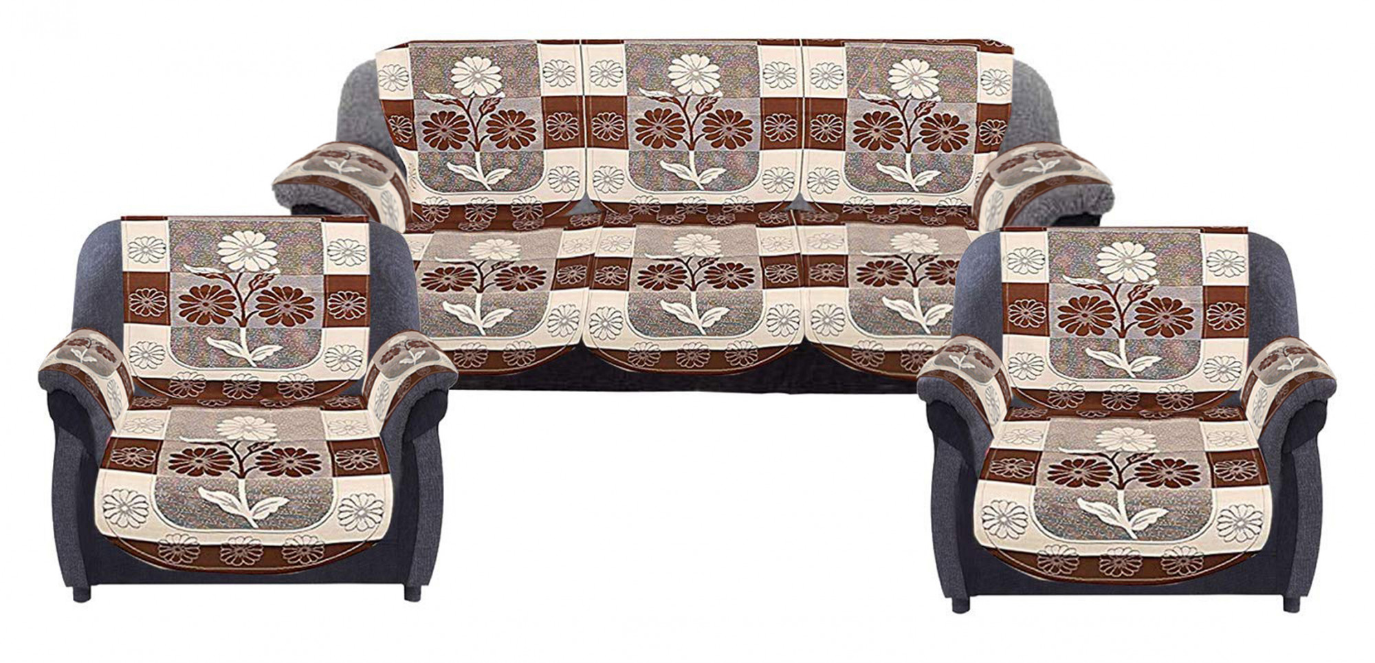 Kuber Industries Flower Design Cotton 5 Seater Sofa Cover With 6 Pieces Arms cover And 1 Center Table Cover Use Both Side, Living Room, Drawing Room, Bedroom, Guest Room (Set Of17, Brown)-KUBMRT12017