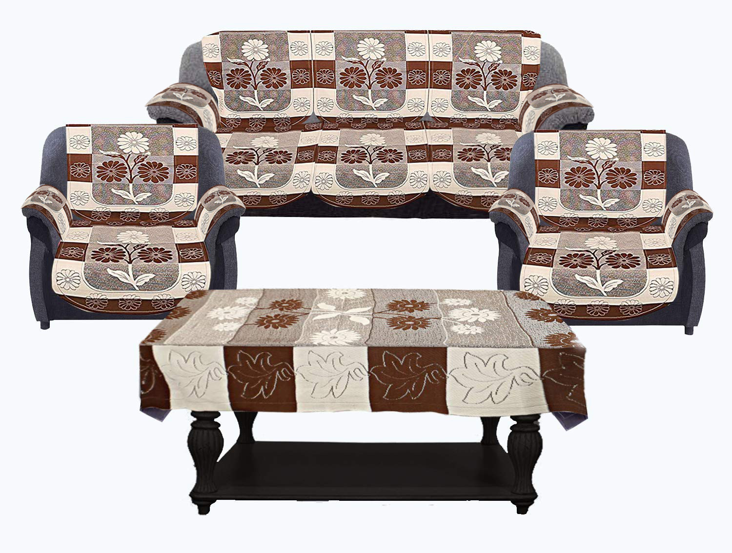 Kuber Industries Flower Design Cotton 5 Seater Sofa Cover With 6 Pieces Arms cover And 1 Center Table Cover Use Both Side, Living Room, Drawing Room, Bedroom, Guest Room (Set Of17, Brown)-KUBMRT12017