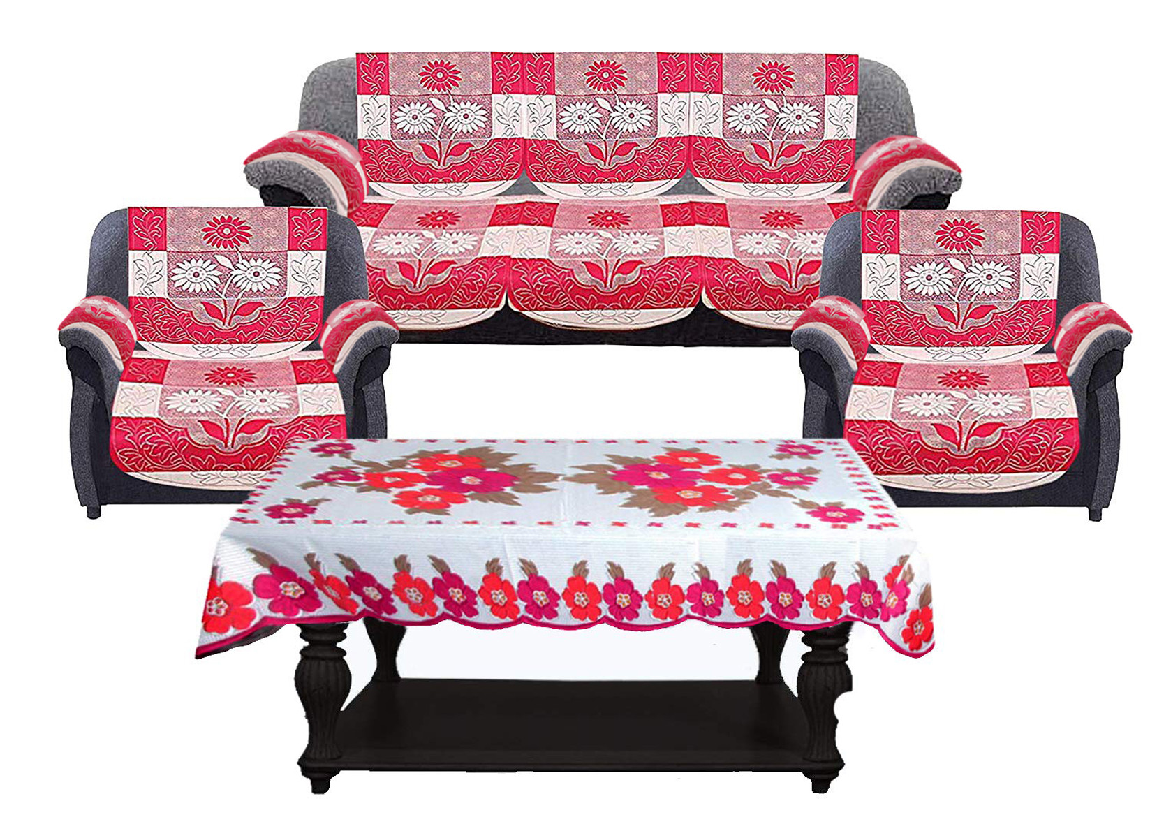 Kuber Industries Flower Design Cotton 5 Seater Sofa Cover With 6 Pieces Arms cover And 1 Center Table Cover Use Both Side, Living Room, Drawing Room, Bedroom, Guest Room (Set Of17, Pink)-KUBMRT12019