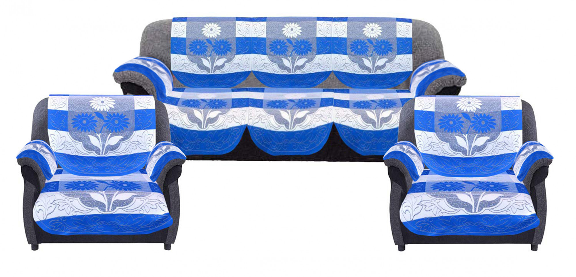 Kuber Industries Flower Design Cotton 5 Seater Sofa Cover With 6 Pieces Arms cover And 1 Center Table Cover Use Both Side, Living Room, Drawing Room, Bedroom, Guest Room (Set Of17, Blue)-KUBMRT12023