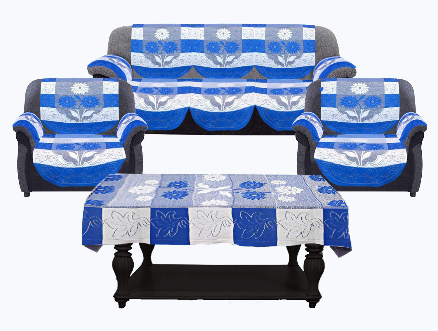 Kuber Industries Flower Design Cotton 5 Seater Sofa Cover With 6 Pieces Arms cover And 1 Center Table Cover Use Both Side, Living Room, Drawing Room, Bedroom, Guest Room (Set Of17, Blue)-KUBMRT12023