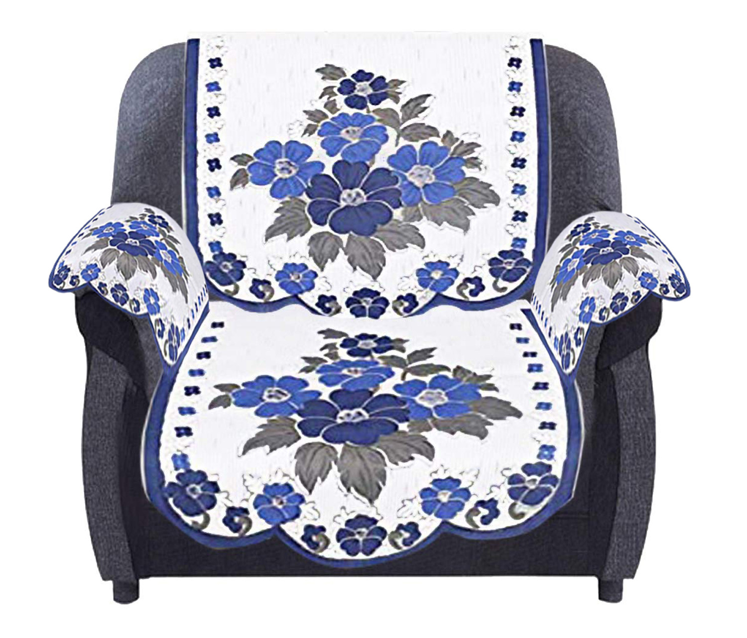 Kuber Industries Flower Design Cotton 5 Seater Sofa Cover With 6 Pieces Arms cover And 1 Center Table Cover Use Both Side, Living Room, Drawing Room, Bedroom, Guest Room (Set Of17, White & Blue)-KUBMRT12025