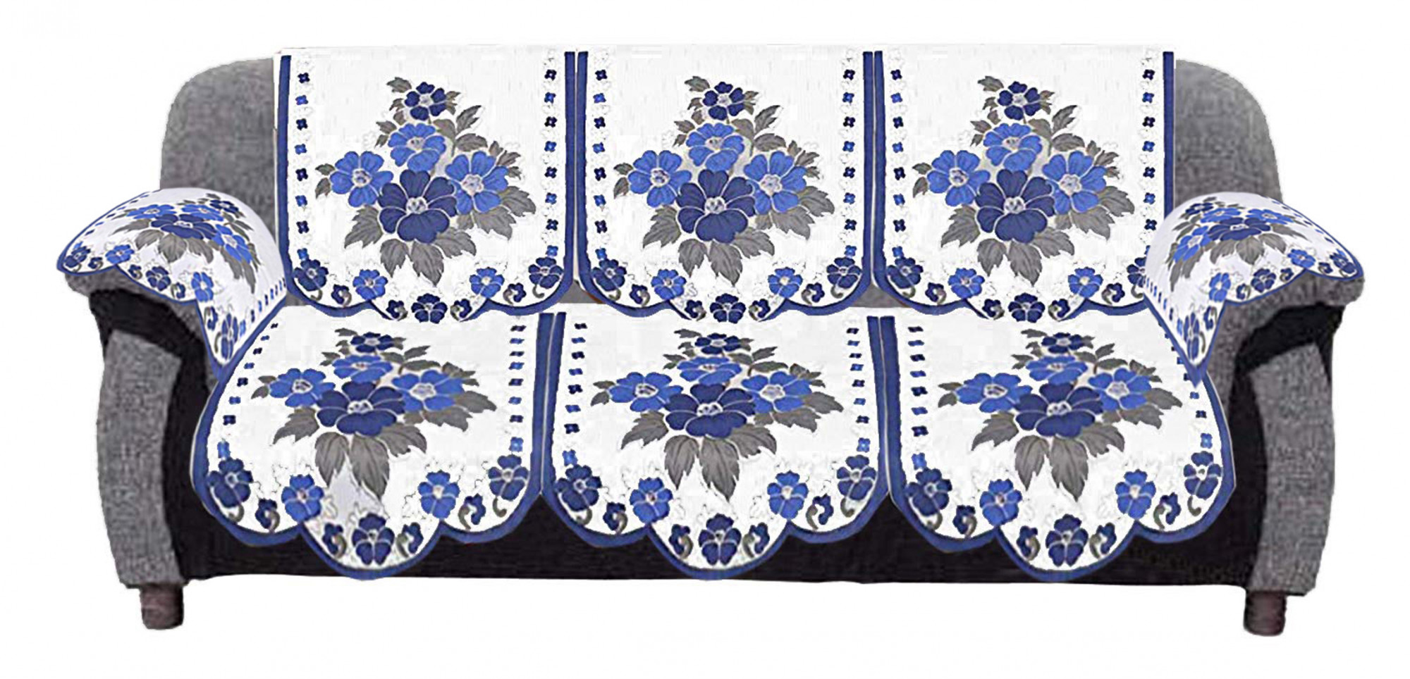Kuber Industries Flower Design Cotton 5 Seater Sofa Cover With 6 Pieces Arms cover And 1 Center Table Cover Use Both Side, Living Room, Drawing Room, Bedroom, Guest Room (Set Of17, White & Blue)-KUBMRT12025