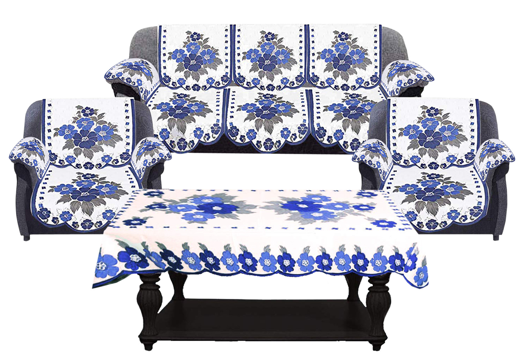 Kuber Industries Flower Design Cotton 5 Seater Sofa Cover With 6 Pieces Arms cover And 1 Center Table Cover Use Both Side, Living Room, Drawing Room, Bedroom, Guest Room (Set Of17, White & Blue)-KUBMRT12025