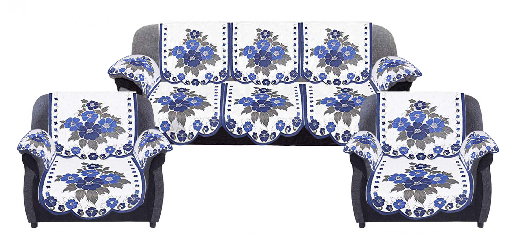 Kuber Industries Flower Design Cotton 5 Seater Sofa Cover With 6 Pieces Arms cover And 1 Center Table Cover Use Both Side, Living Room, Drawing Room, Bedroom, Guest Room (Set Of17, White & Blue)-KUBMRT12025