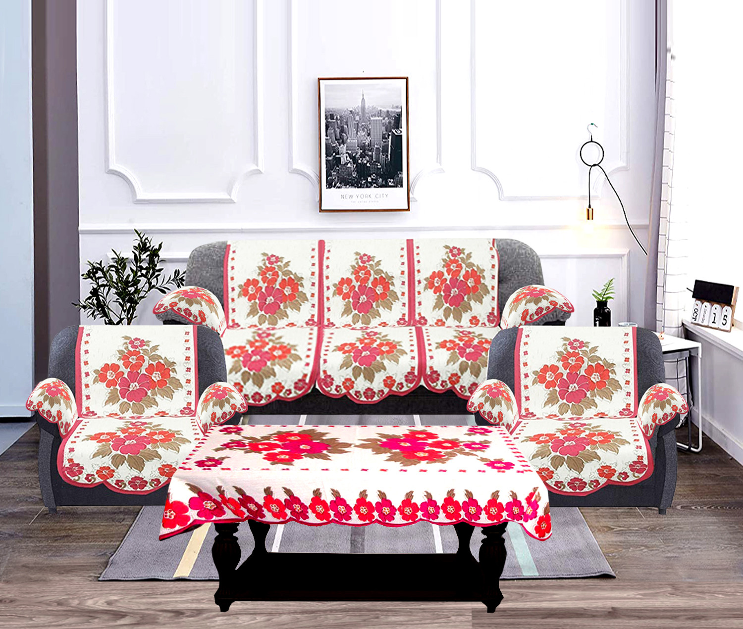Kuber Industries Flower Design Cotton 5 Seater Sofa Cover With 6 Pieces Arms cover And 1 Center Table Cover Use Both Side, Living Room, Drawing Room, Bedroom, Guest Room (Set Of17, White & Pink)-KUBMRT12027