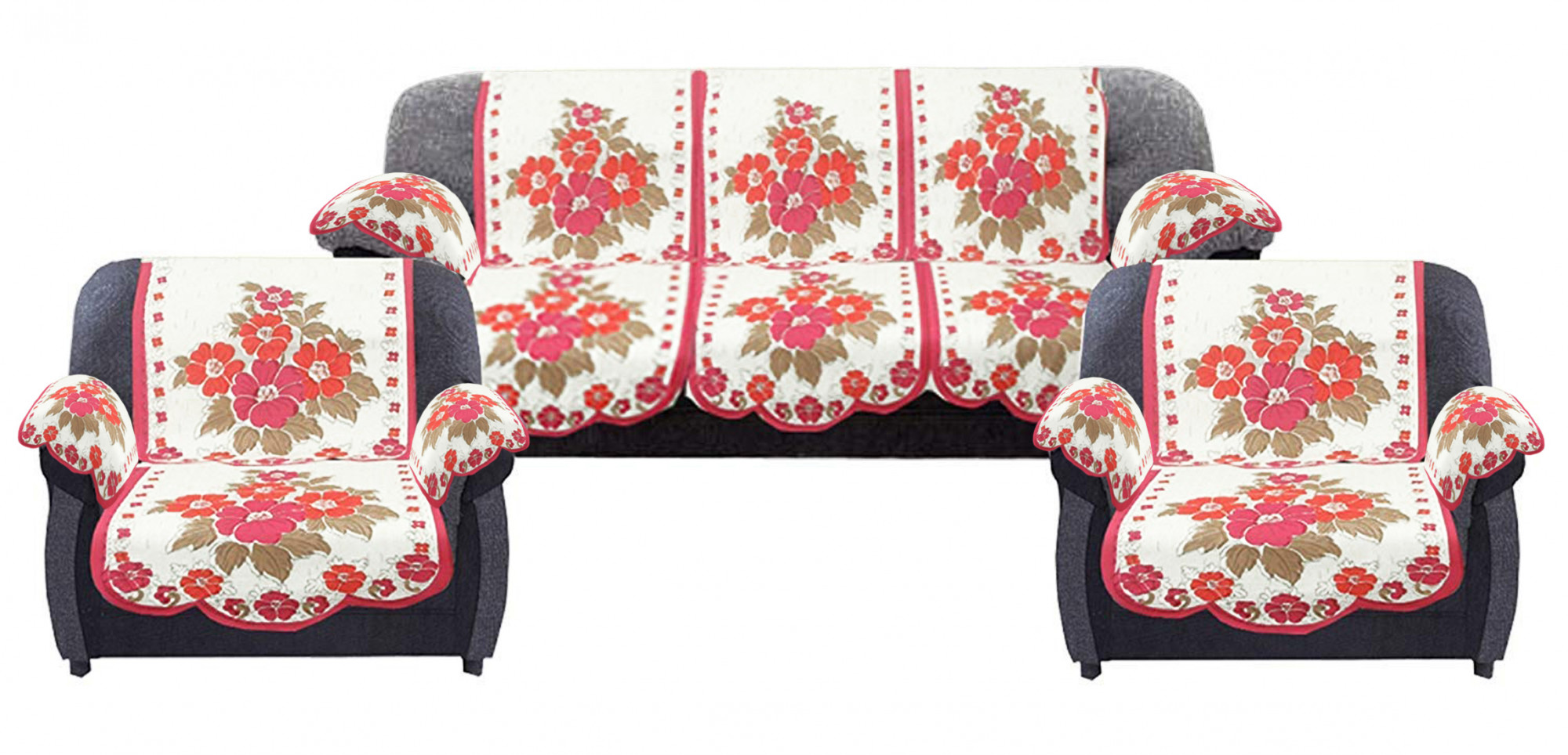 Kuber Industries Flower Design Cotton 5 Seater Sofa Cover With 6 Pieces Arms cover And 1 Center Table Cover Use Both Side, Living Room, Drawing Room, Bedroom, Guest Room (Set Of17, White & Pink)-KUBMRT12027