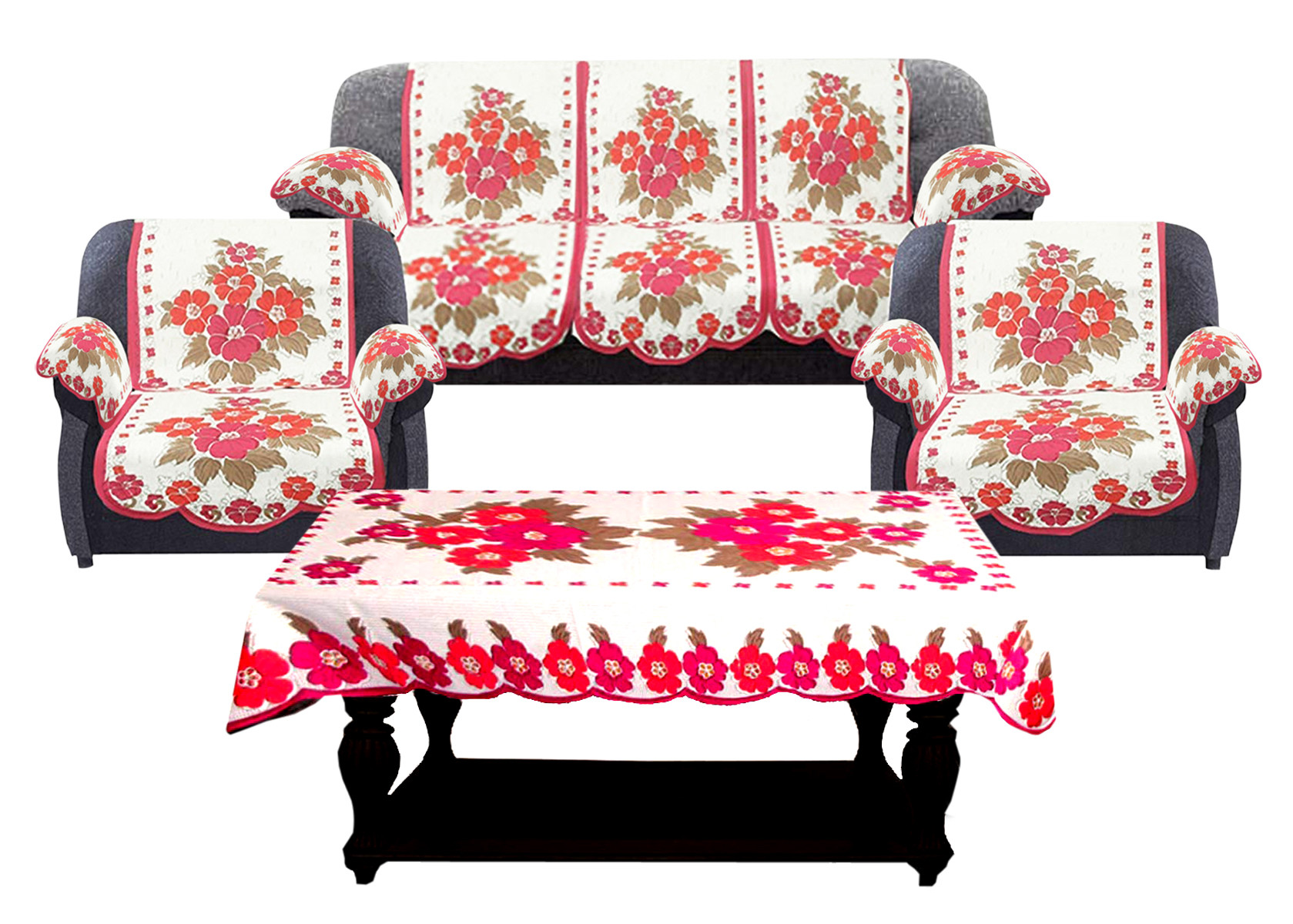 Kuber Industries Flower Design Cotton 5 Seater Sofa Cover With 6 Pieces Arms cover And 1 Center Table Cover Use Both Side, Living Room, Drawing Room, Bedroom, Guest Room (Set Of17, White & Pink)-KUBMRT12027