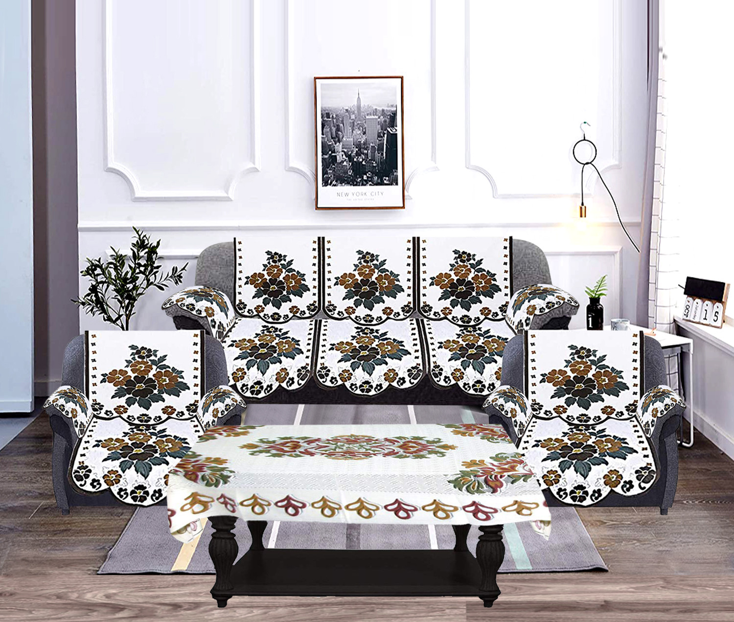 Kuber Industries Flower Design Cotton 5 Seater Sofa Cover With 6 Pieces Arms cover And 1 Center Table Cover Use Both Side, Living Room, Drawing Room, Bedroom, Guest Room (Set Of17, White & Brown)-KUBMRT12029