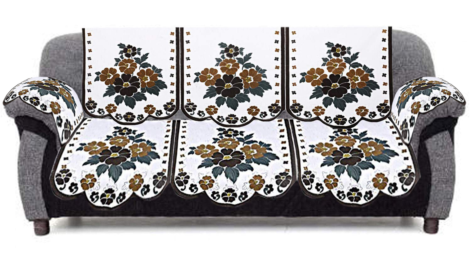 Kuber Industries Flower Design Cotton 5 Seater Sofa Cover With 6 Pieces Arms cover And 1 Center Table Cover Use Both Side, Living Room, Drawing Room, Bedroom, Guest Room (Set Of17, White & Brown)-KUBMRT12029