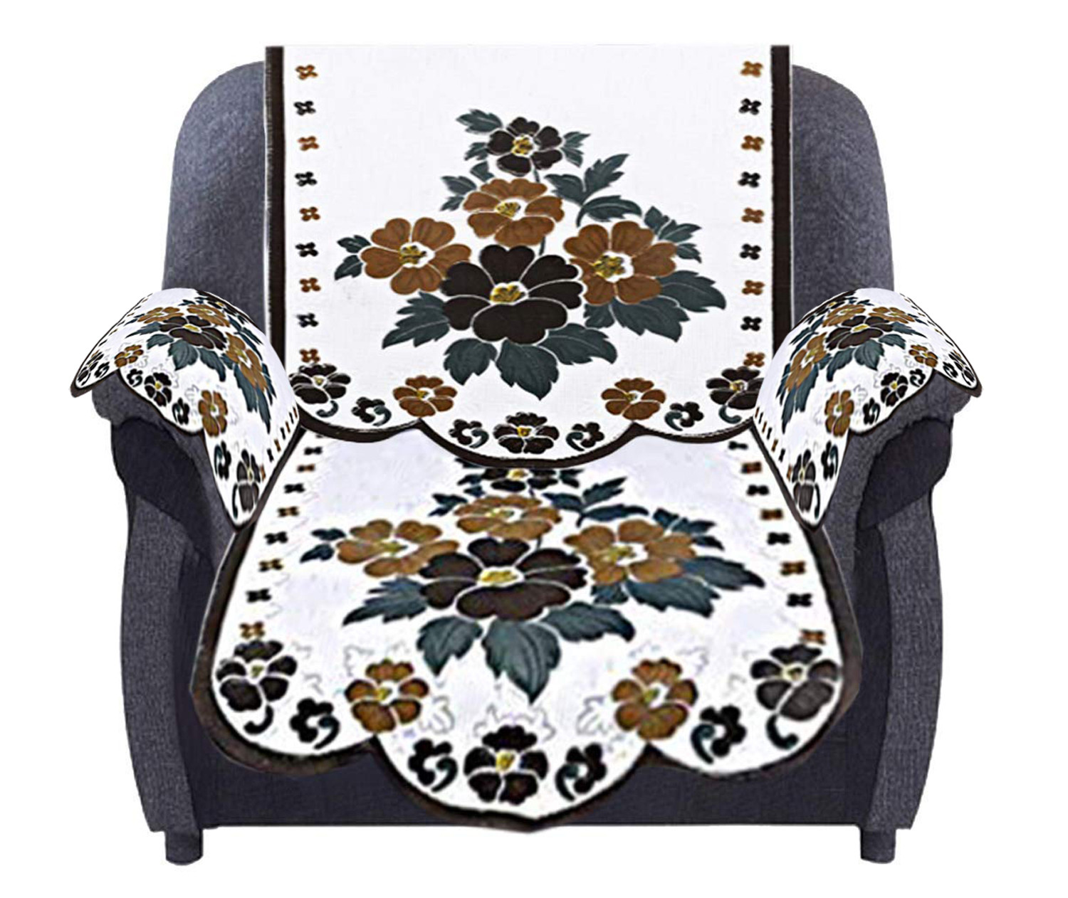 Kuber Industries Flower Design Cotton 5 Seater Sofa Cover With 6 Pieces Arms cover And 1 Center Table Cover Use Both Side, Living Room, Drawing Room, Bedroom, Guest Room (Set Of17, White & Brown)-KUBMRT12029