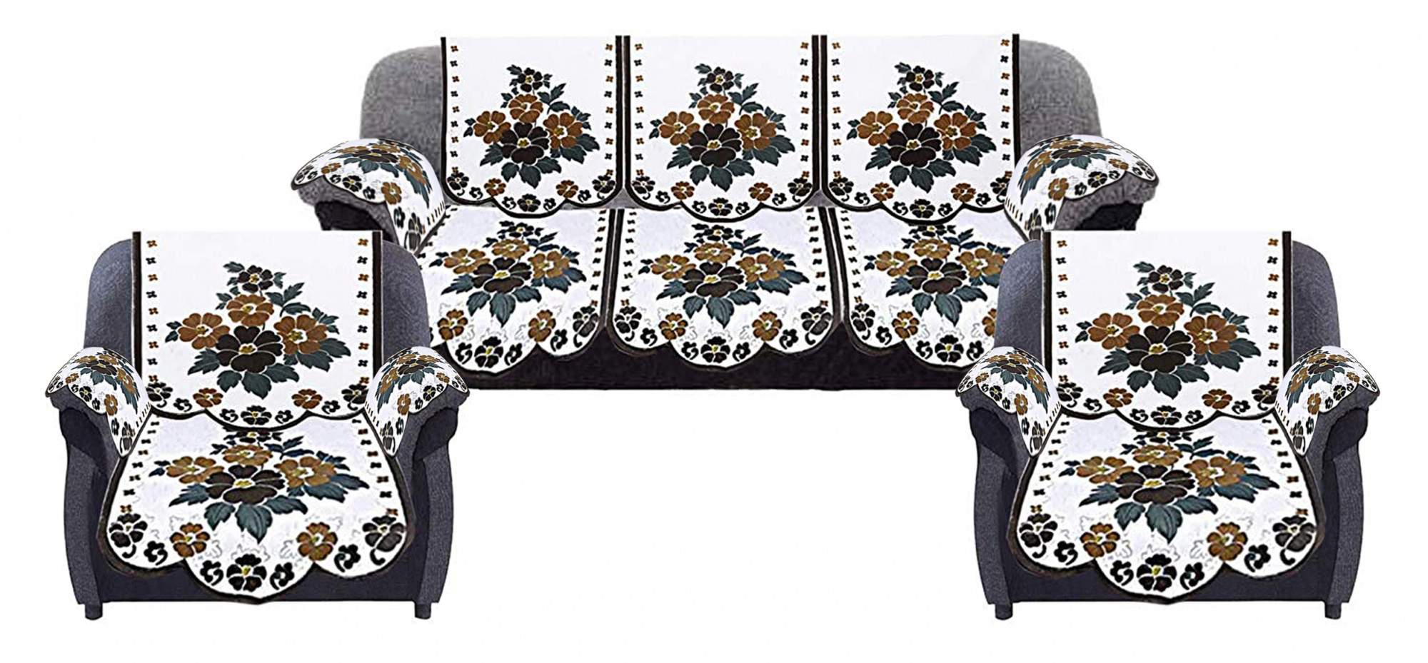 Kuber Industries Flower Design Cotton 5 Seater Sofa Cover With 6 Pieces Arms cover And 1 Center Table Cover Use Both Side, Living Room, Drawing Room, Bedroom, Guest Room (Set Of17, White & Brown)-KUBMRT12029