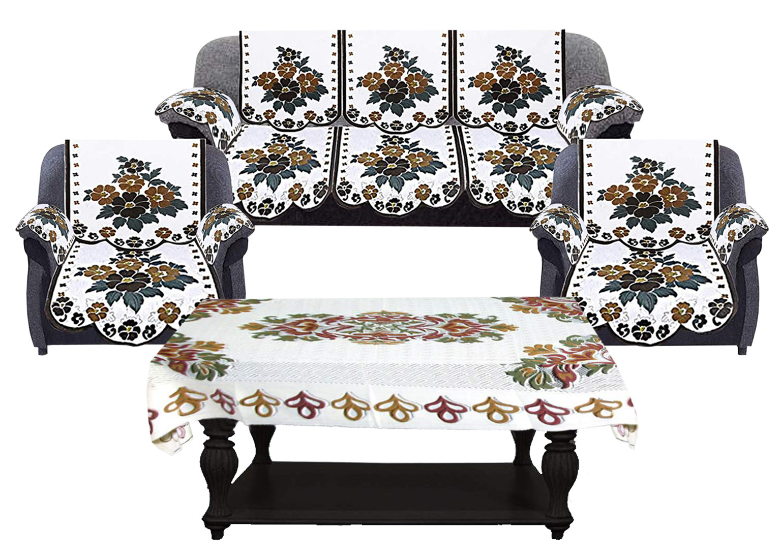 Kuber Industries Flower Design Cotton 5 Seater Sofa Cover With 6 Pieces Arms cover And 1 Center Table Cover Use Both Side, Living Room, Drawing Room, Bedroom, Guest Room (Set Of17, White & Brown)-KUBMRT12029