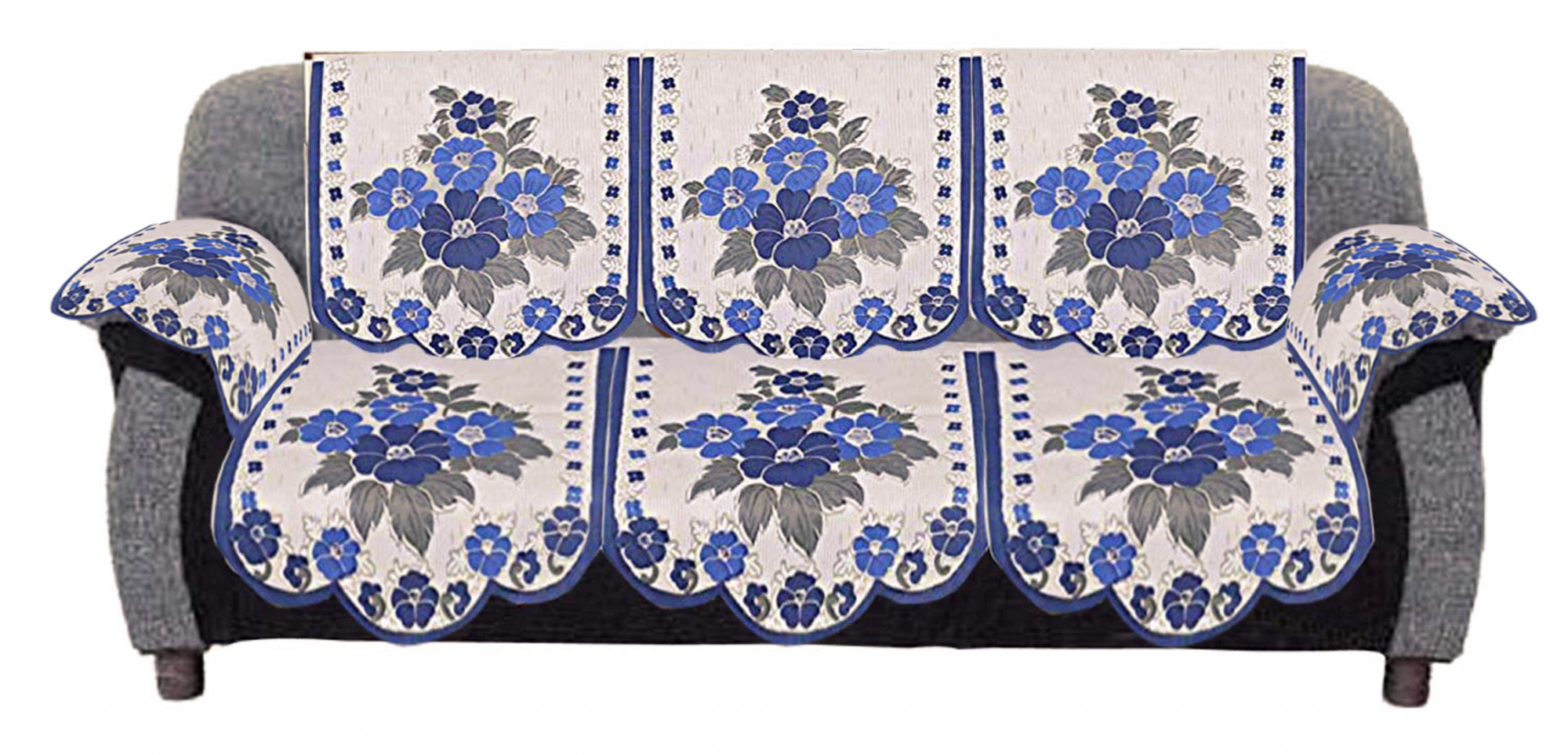 Kuber Industries Flower Design Cotton 5 Seater Sofa Cover With 6 Pieces Arms cover And 1 Center Table Cover Use Both Side, Living Room, Drawing Room, Bedroom, Guest Room (Set Of17, Cream & Blue)-KUBMRT12031