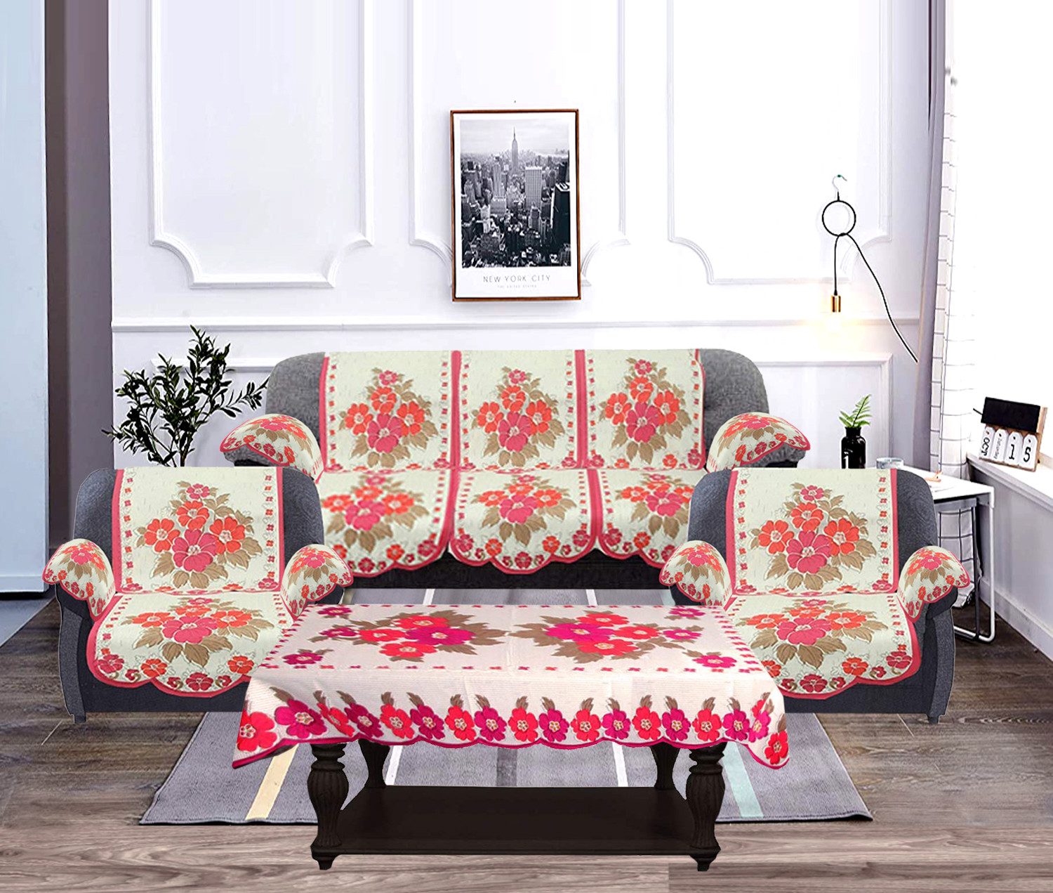 Kuber Industries Flower Design Cotton 5 Seater Sofa Cover With 6 Pieces Arms cover And 1 Center Table Cover Use Both Side, Living Room, Drawing Room, Bedroom, Guest Room (Set Of17, Cream & Pink)-KUBMRT12033