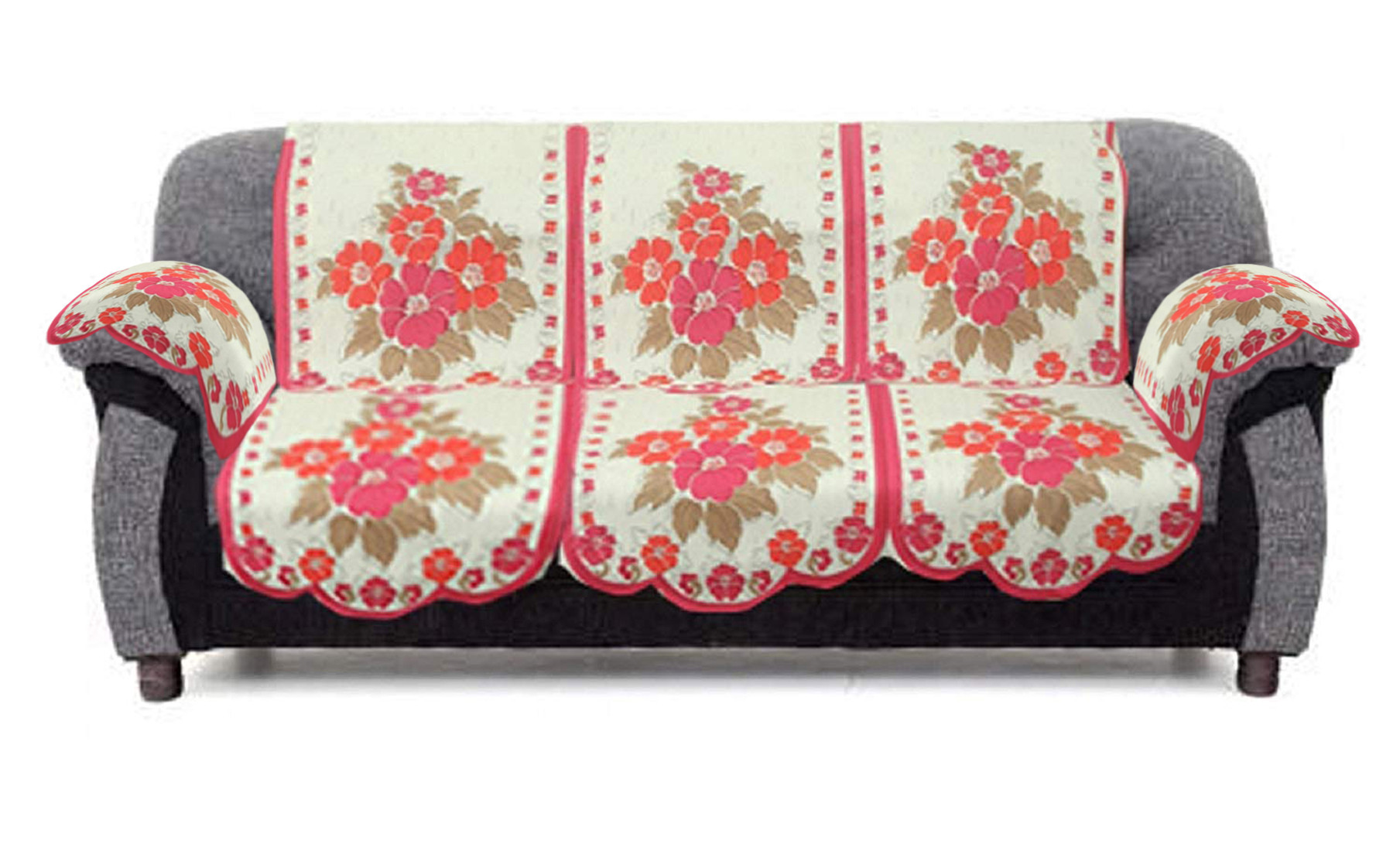 Kuber Industries Flower Design Cotton 5 Seater Sofa Cover With 6 Pieces Arms cover And 1 Center Table Cover Use Both Side, Living Room, Drawing Room, Bedroom, Guest Room (Set Of17, Cream & Pink)-KUBMRT12033
