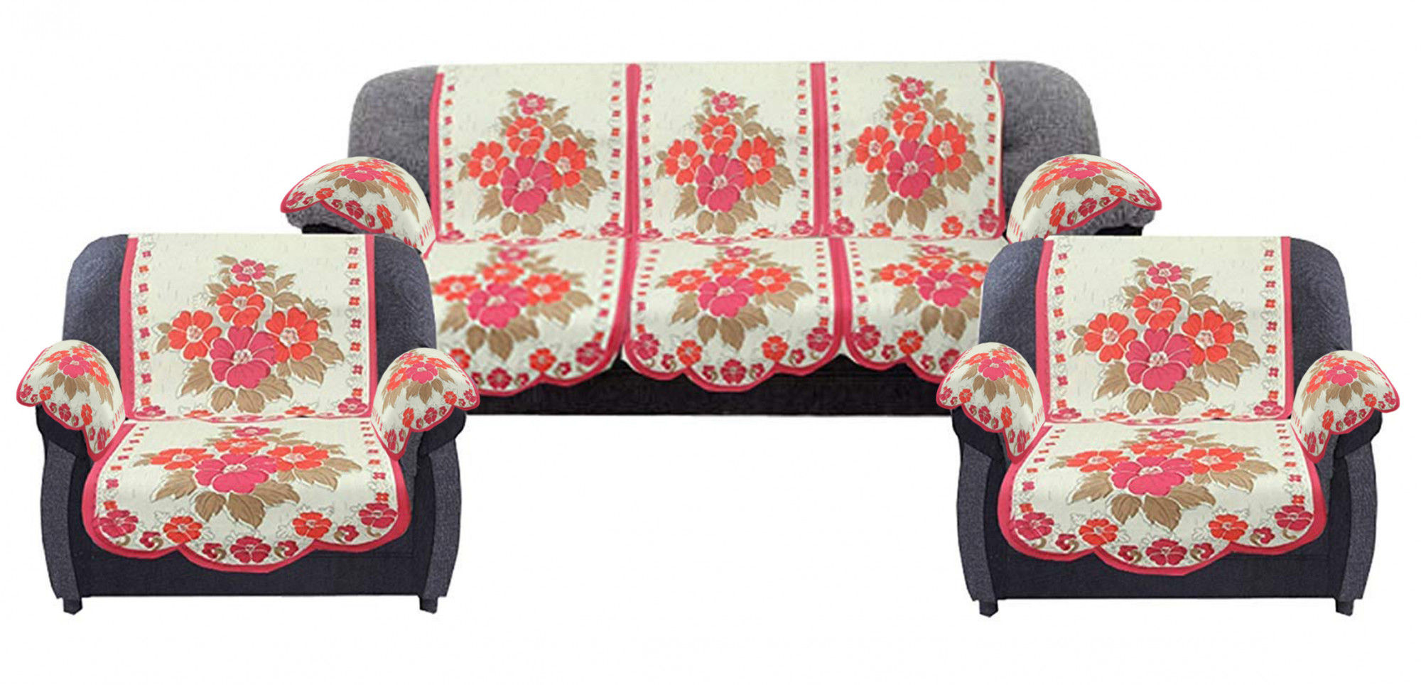 Kuber Industries Flower Design Cotton 5 Seater Sofa Cover With 6 Pieces Arms cover And 1 Center Table Cover Use Both Side, Living Room, Drawing Room, Bedroom, Guest Room (Set Of17, Cream & Pink)-KUBMRT12033