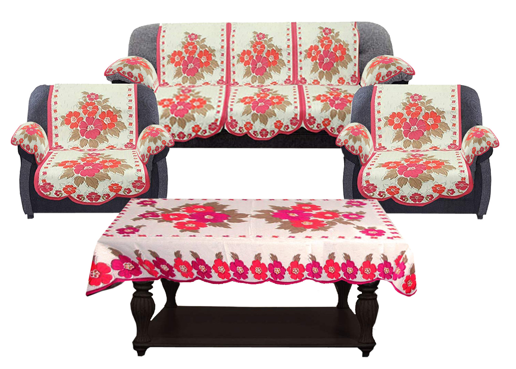 Kuber Industries Flower Design Cotton 5 Seater Sofa Cover With 6 Pieces Arms cover And 1 Center Table Cover Use Both Side, Living Room, Drawing Room, Bedroom, Guest Room (Set Of17, Cream & Pink)-KUBMRT12033