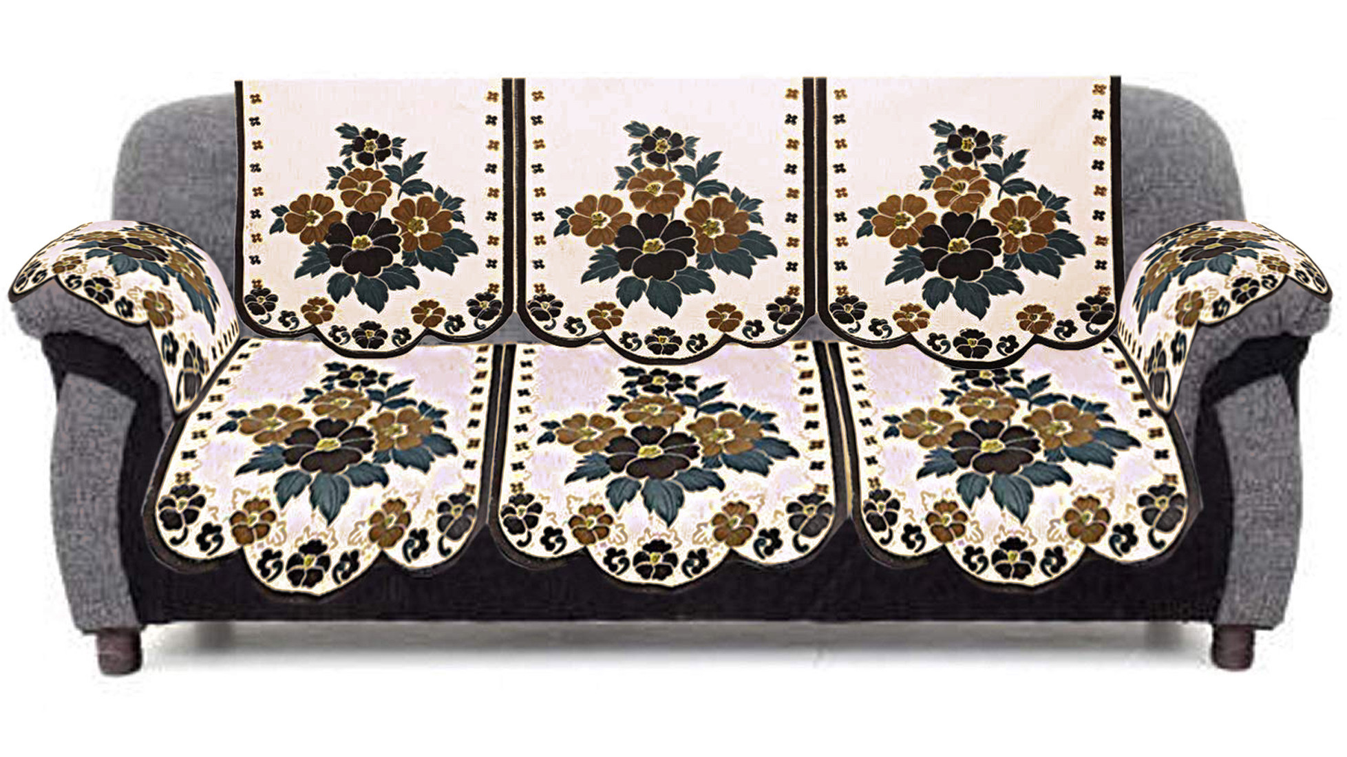Kuber Industries Flower Design Cotton 5 Seater Sofa Cover With 6 Pieces Arms cover And 1 Center Table Cover Use Both Side, Living Room, Drawing Room, Bedroom, Guest Room (Set Of17, Cream & Brown)-KUBMRT12035