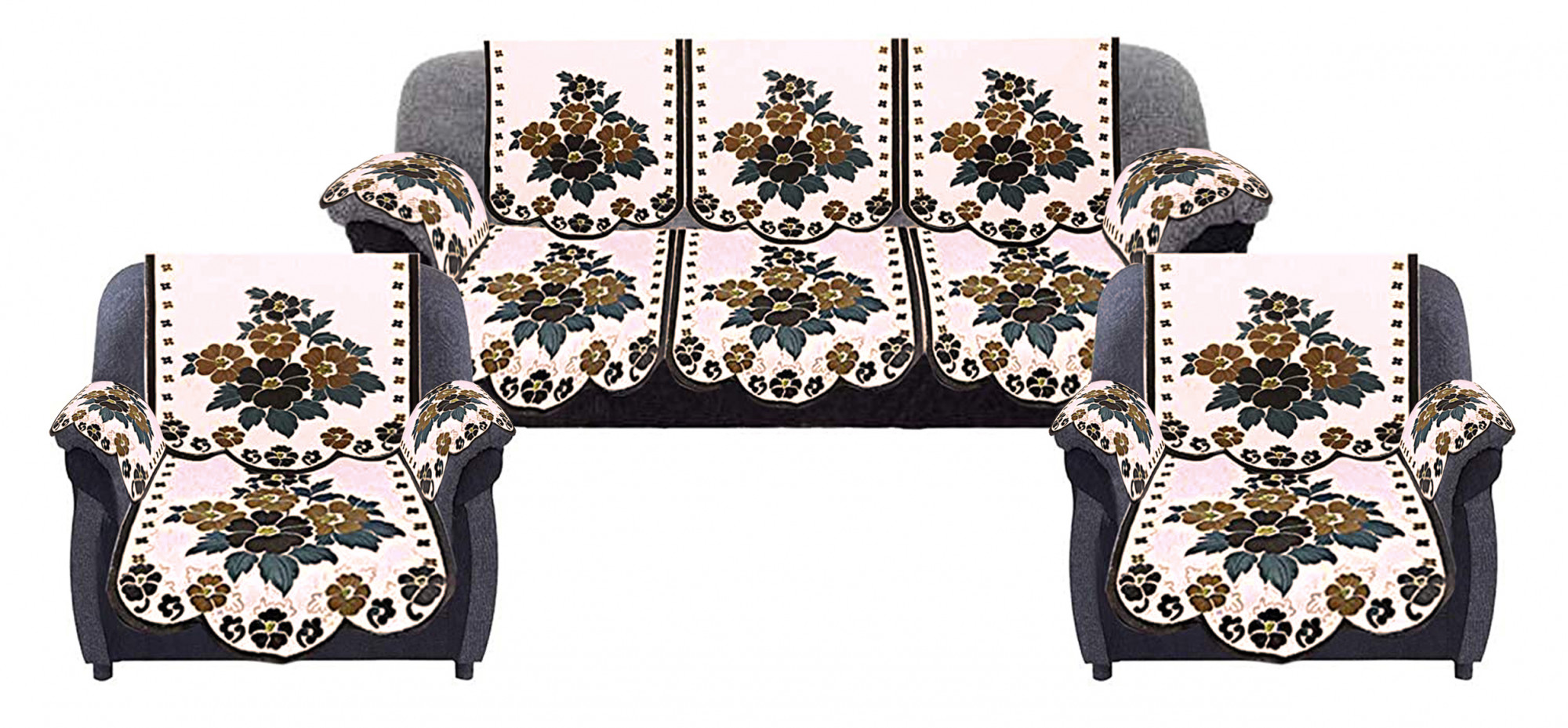 Kuber Industries Flower Design Cotton 5 Seater Sofa Cover With 6 Pieces Arms cover And 1 Center Table Cover Use Both Side, Living Room, Drawing Room, Bedroom, Guest Room (Set Of17, Cream & Brown)-KUBMRT12035