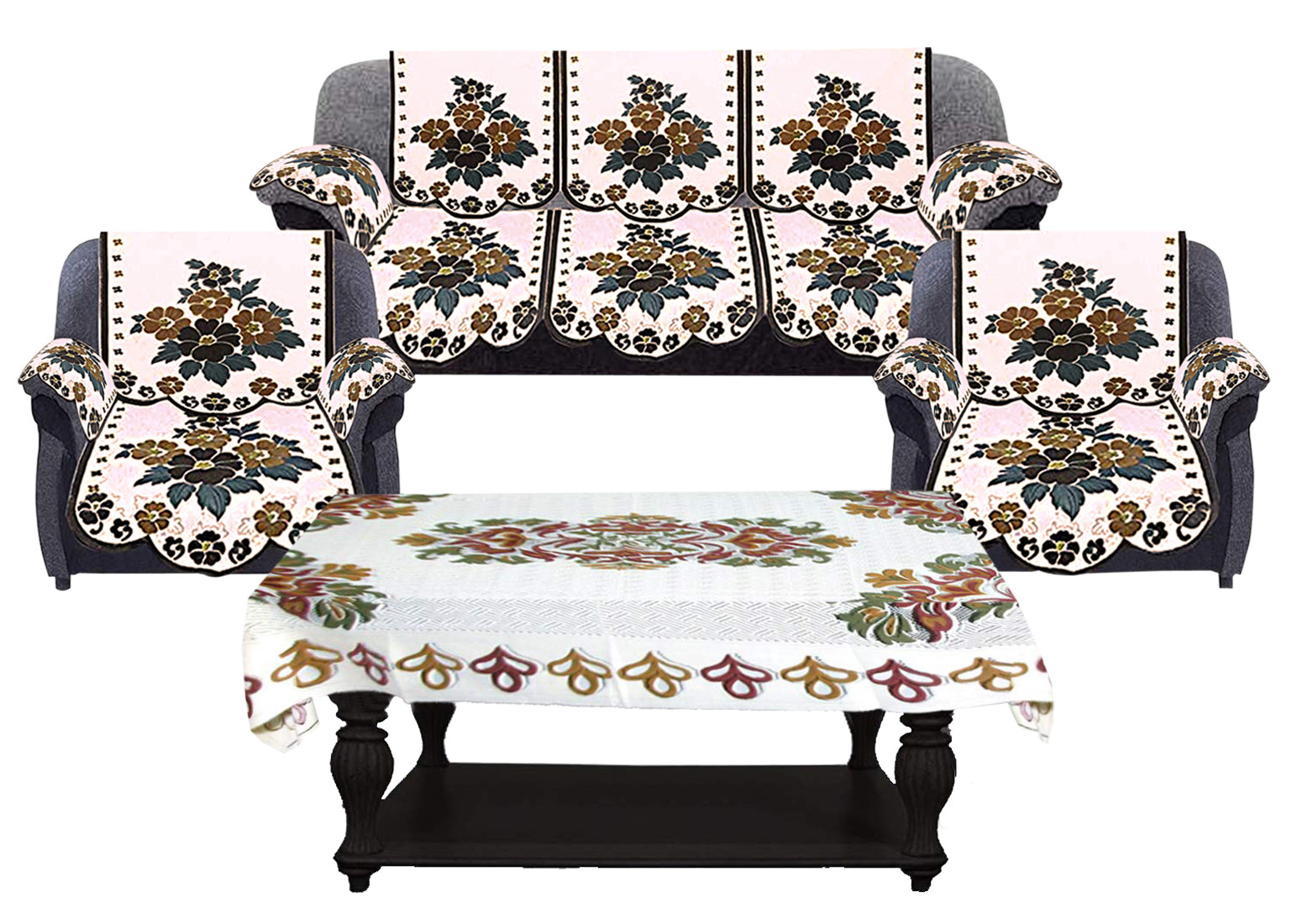 Kuber Industries Flower Design Cotton 5 Seater Sofa Cover With 6 Pieces Arms cover And 1 Center Table Cover Use Both Side, Living Room, Drawing Room, Bedroom, Guest Room (Set Of17, Cream & Brown)-KUBMRT12035