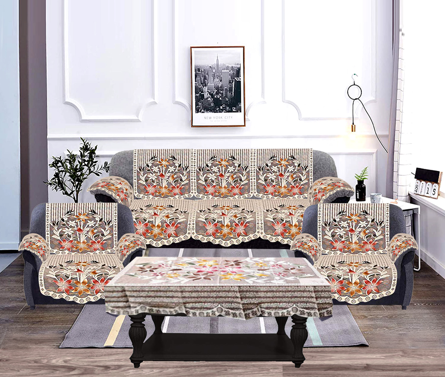 Kuber Industries Flower Design Cotton 5 Seater Sofa Cover With 6 Pieces Arms cover And 1 Center Table Cover Use Both Side, Living Room, Drawing Room, Bedroom, Guest Room (Set Of17, Brown)-KUBMRT12037
