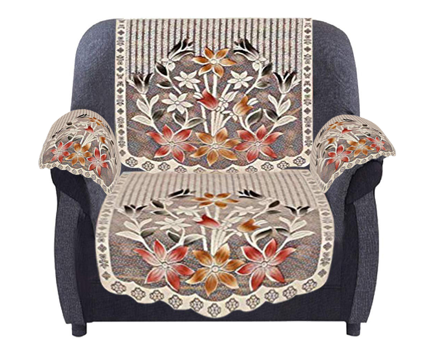 Kuber Industries Flower Design Cotton 5 Seater Sofa Cover With 6 Pieces Arms cover And 1 Center Table Cover Use Both Side, Living Room, Drawing Room, Bedroom, Guest Room (Set Of17, Brown)-KUBMRT12037